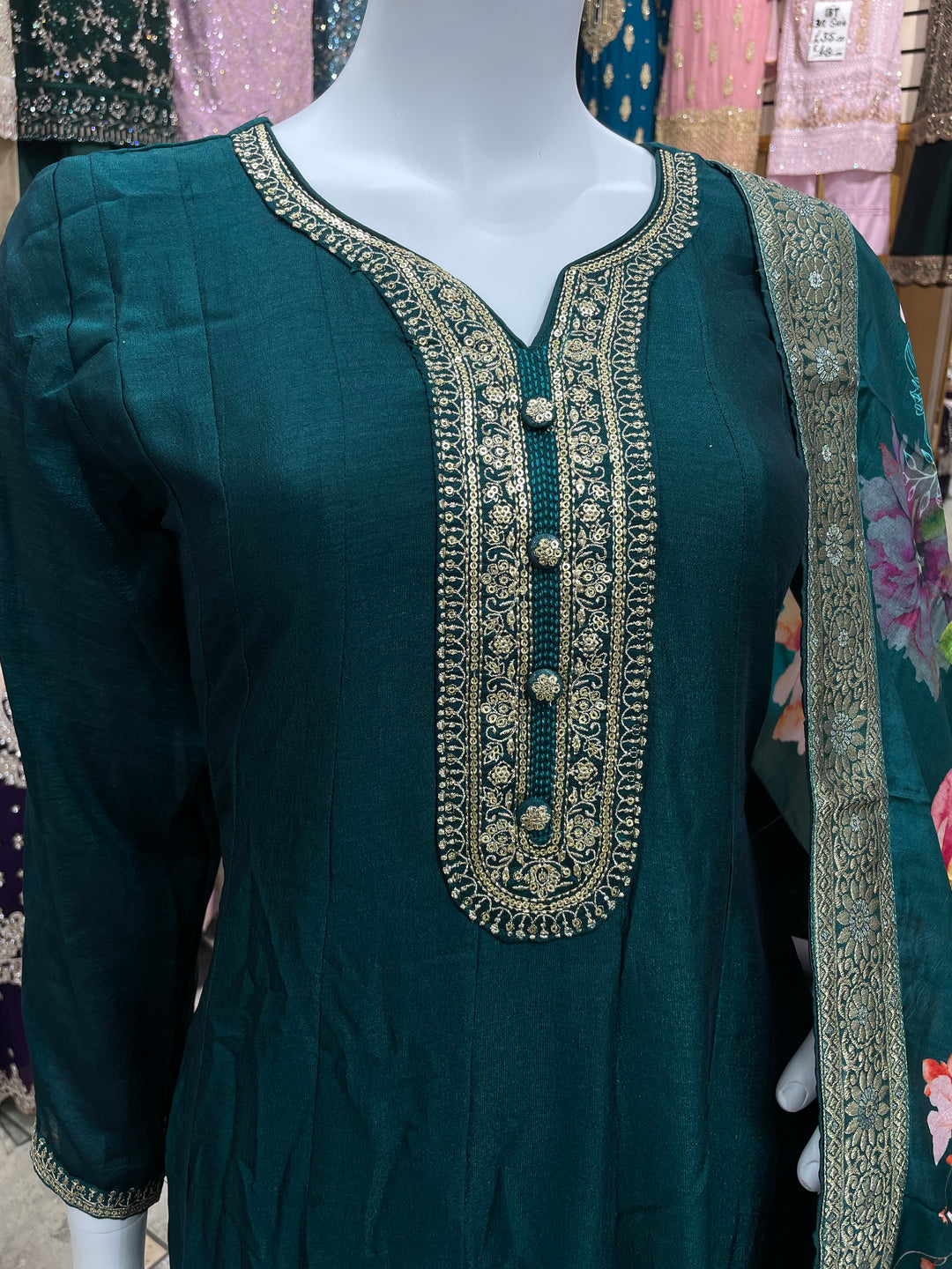 Isra – Teal Green  Bhagalpuri Silk Anarkali with Digital Print Dupatta – 2 Pcs