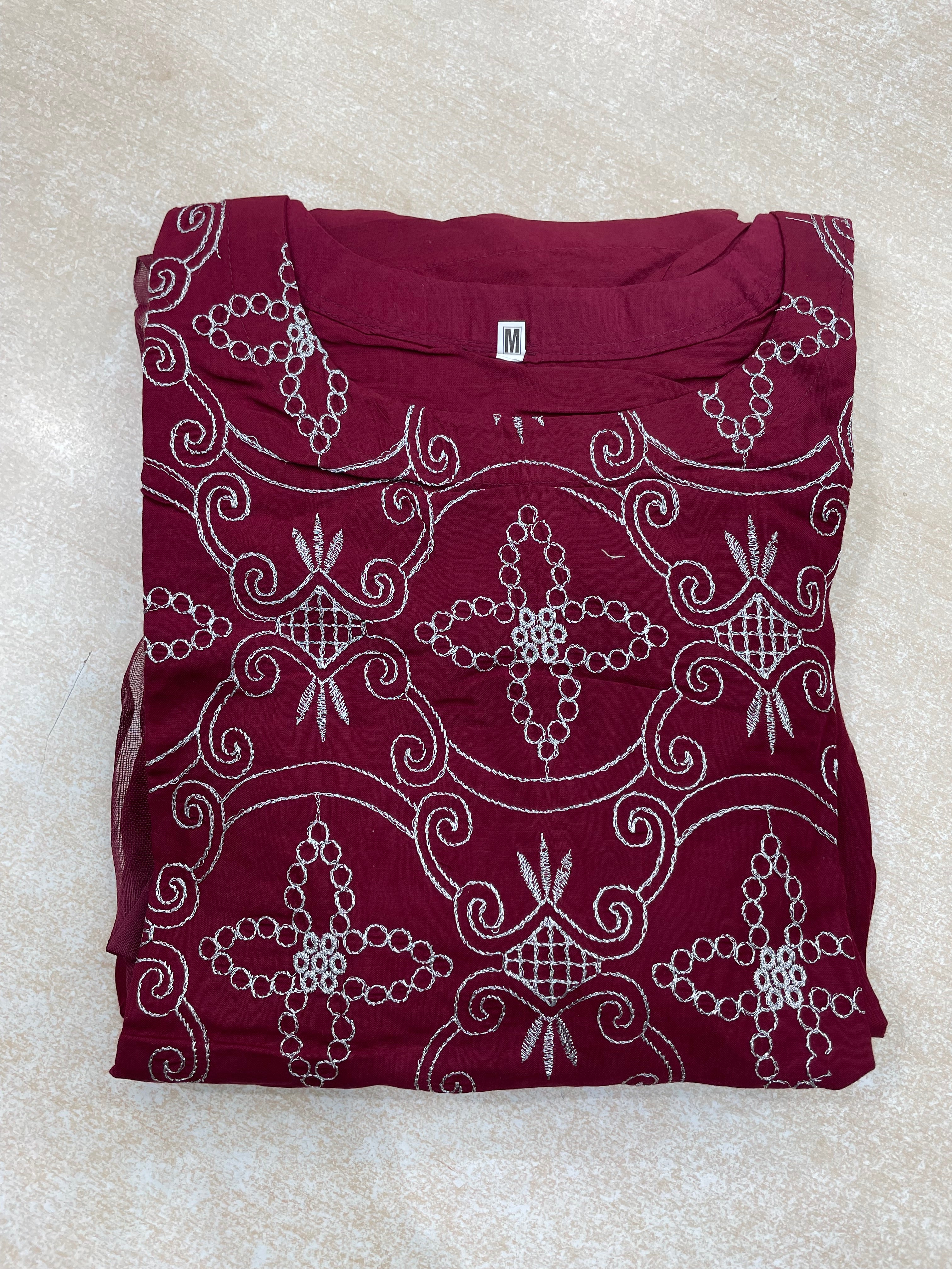 Maroon Embroidered Linen Dress - 3 Piece