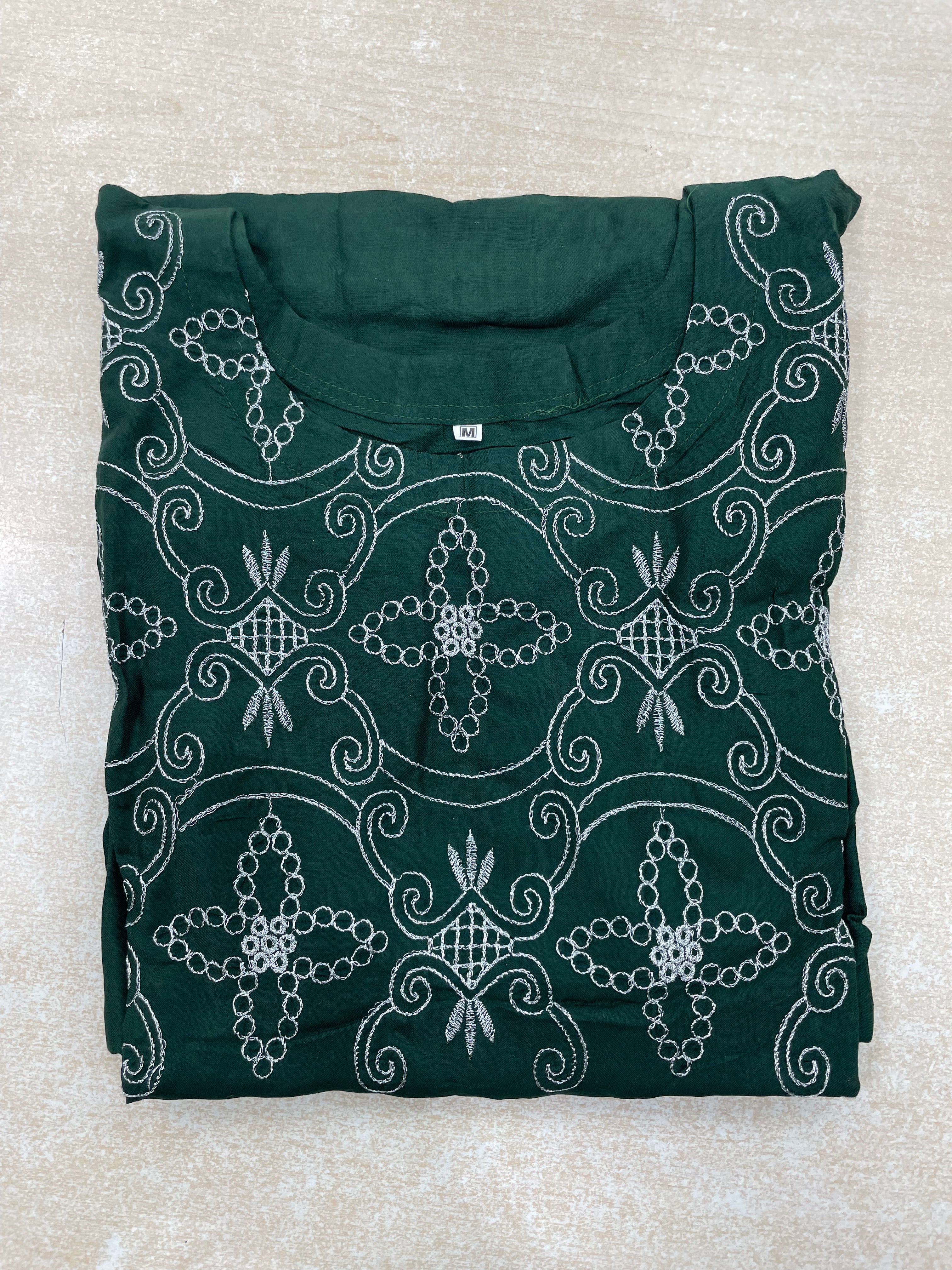 Bottle Green Embroidered Linen Summer Dress - 3 Piece