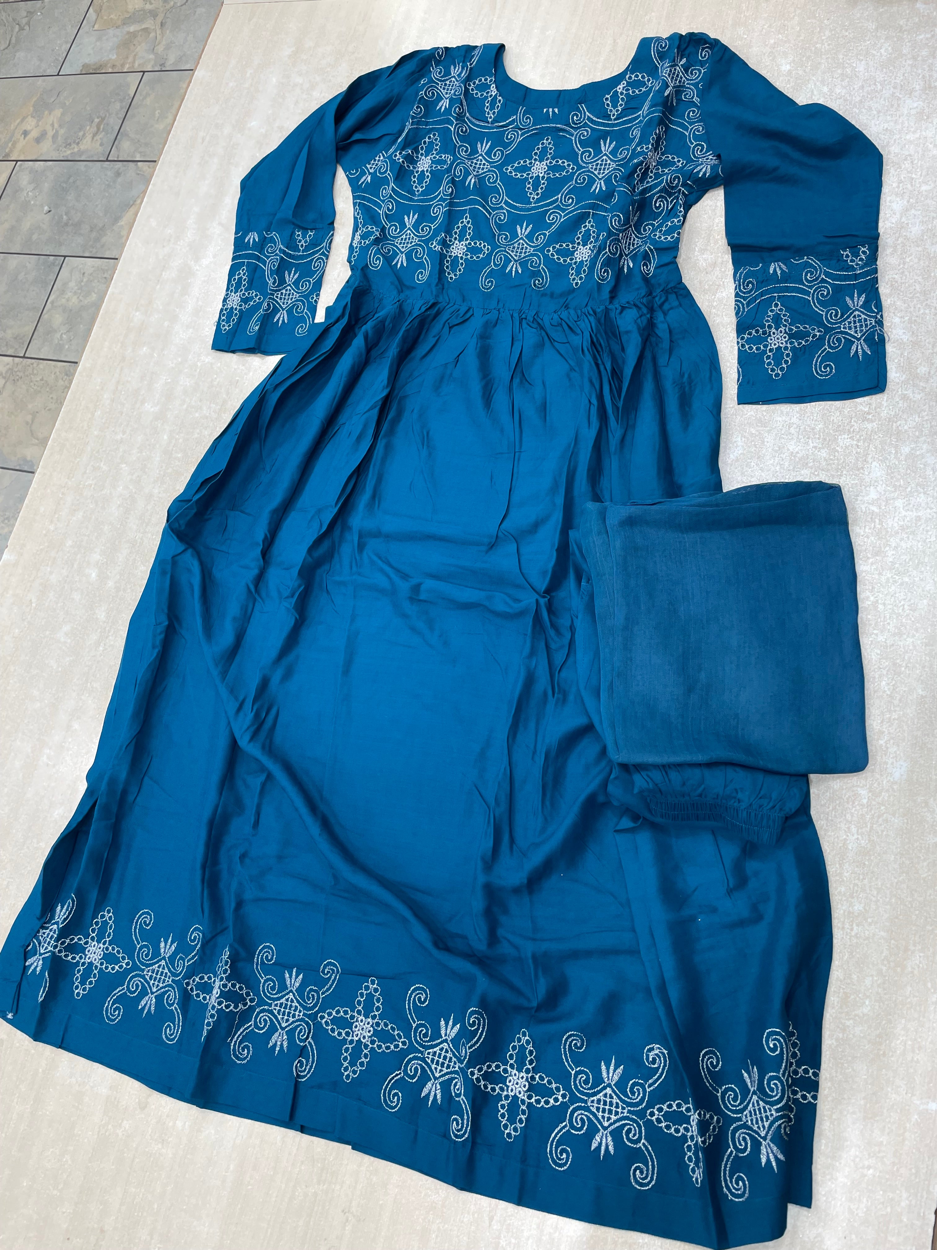 Teal Embroidered Linen Summer Dress - 3 Piece