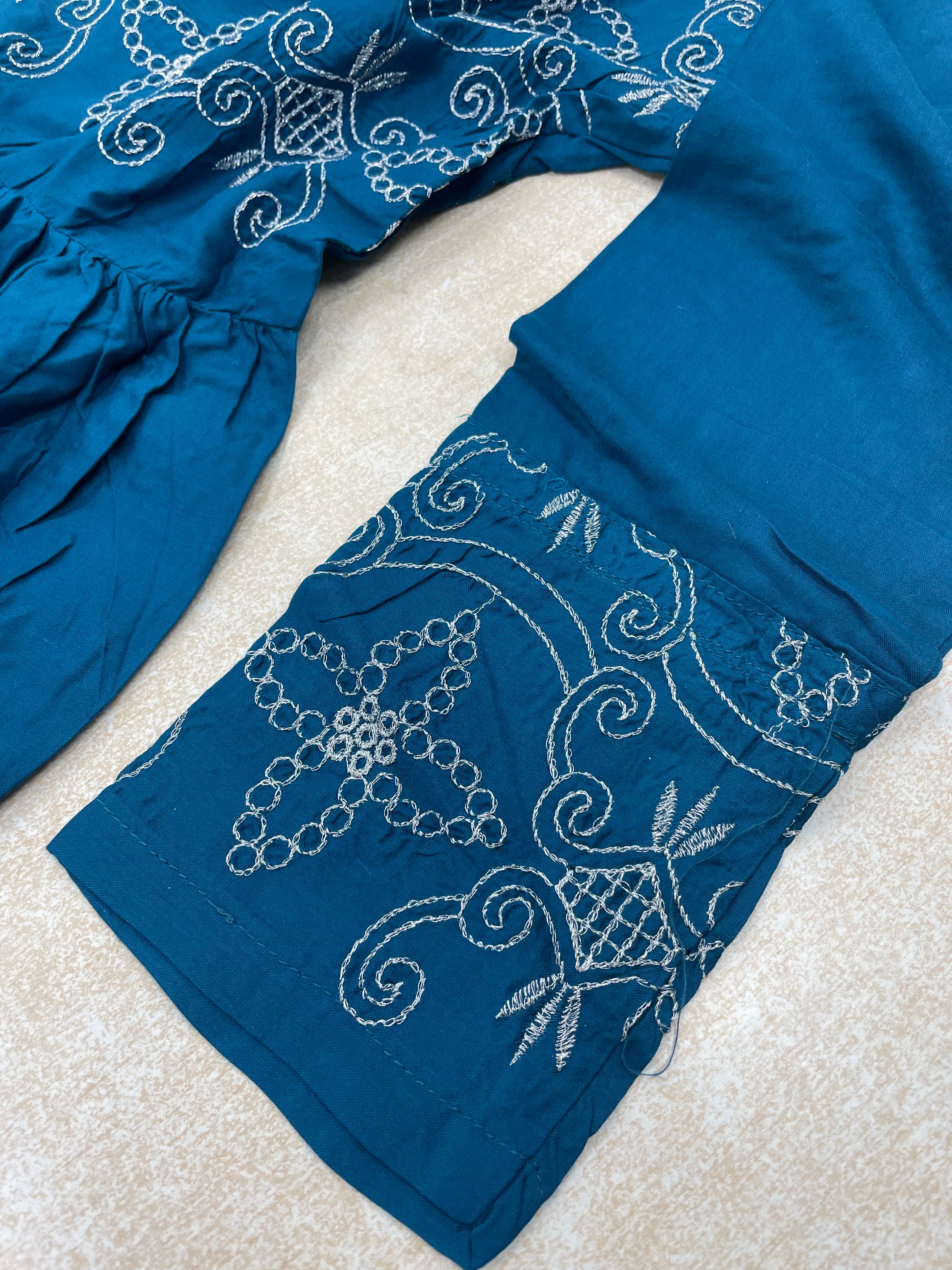 Teal Embroidered Linen Summer Dress - 3 Piece