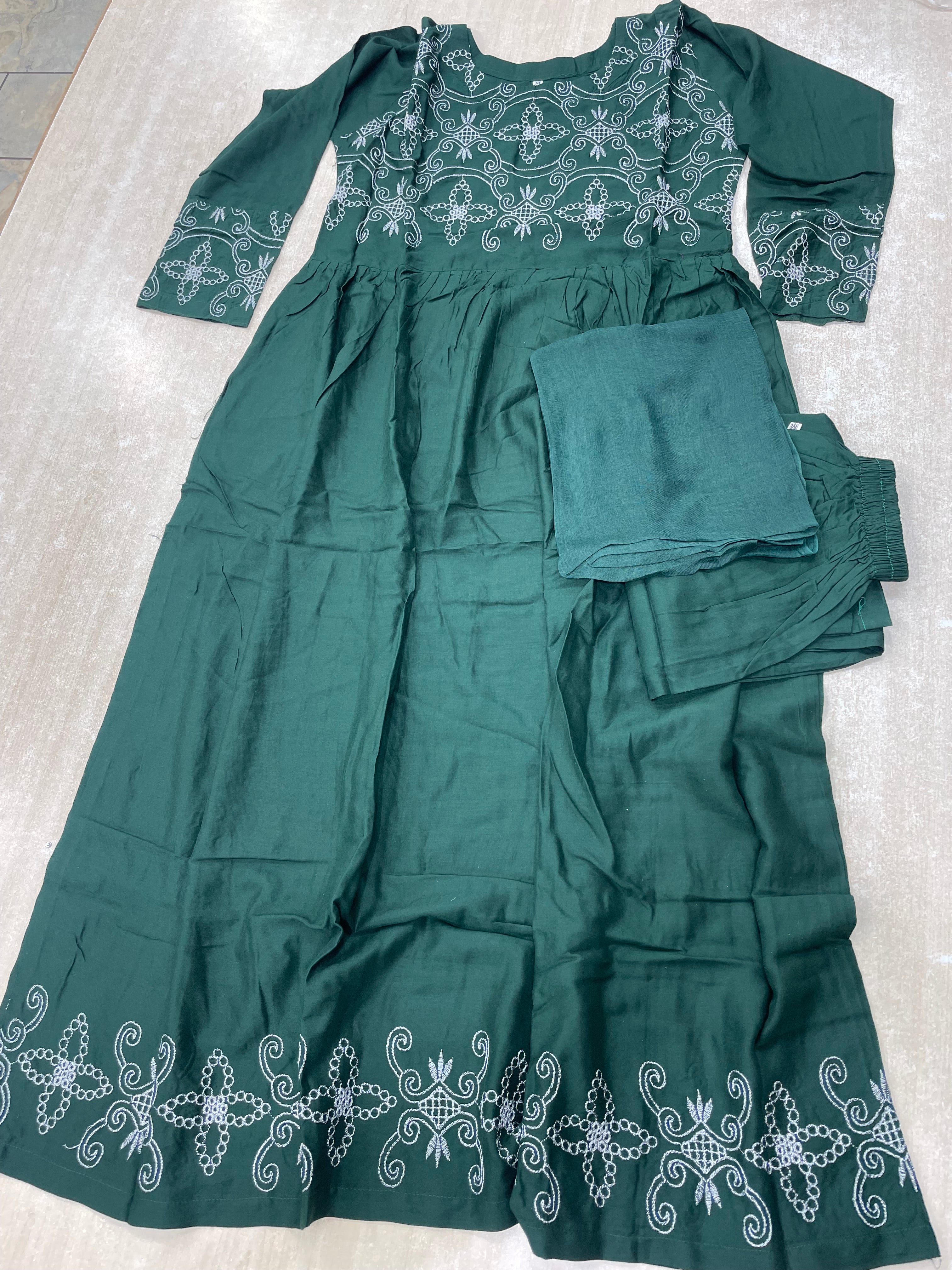 Bottle Green Embroidered Linen Summer Dress - 3 Piece