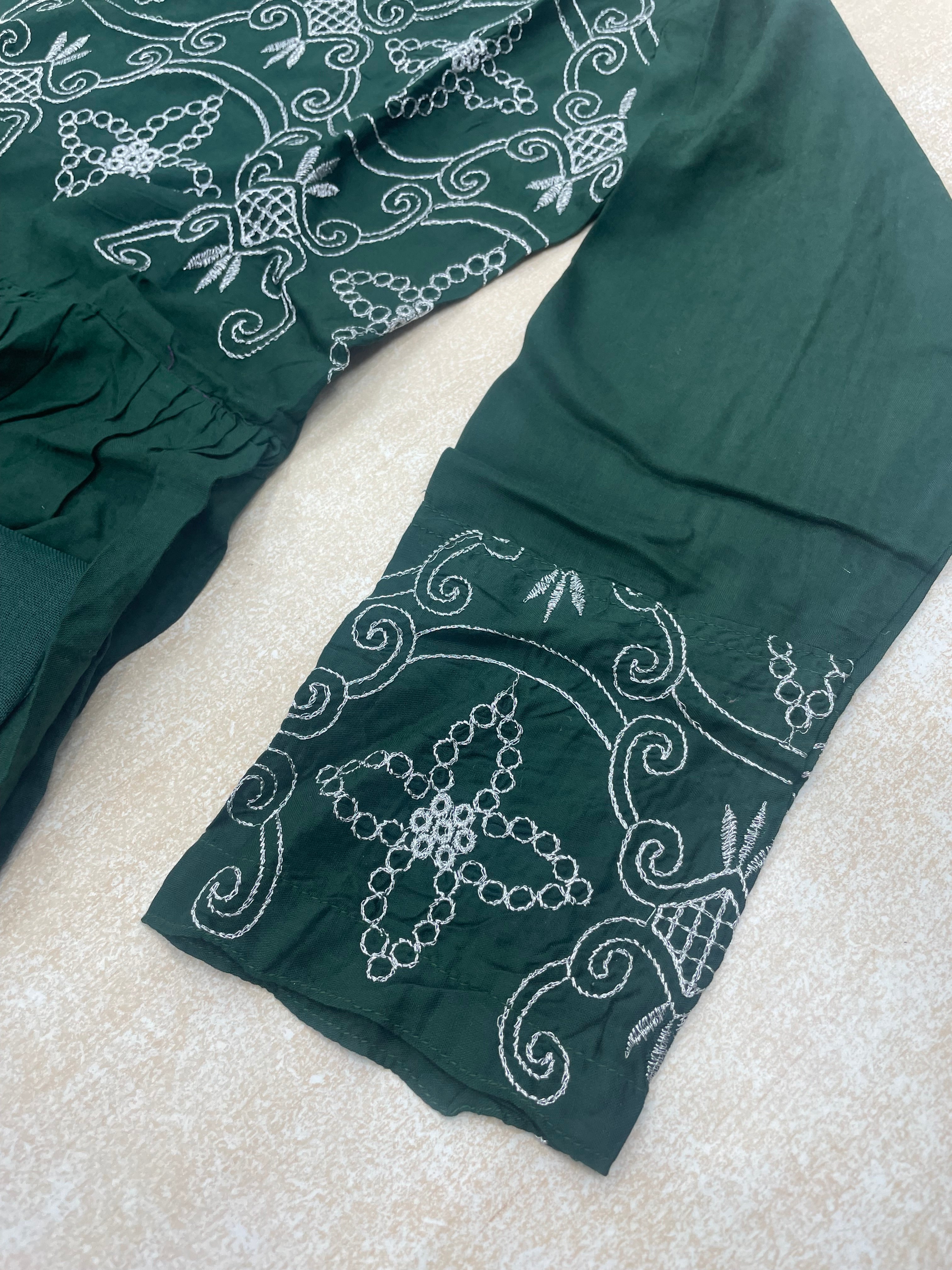 Bottle Green Embroidered Linen Summer Dress - 3 Piece