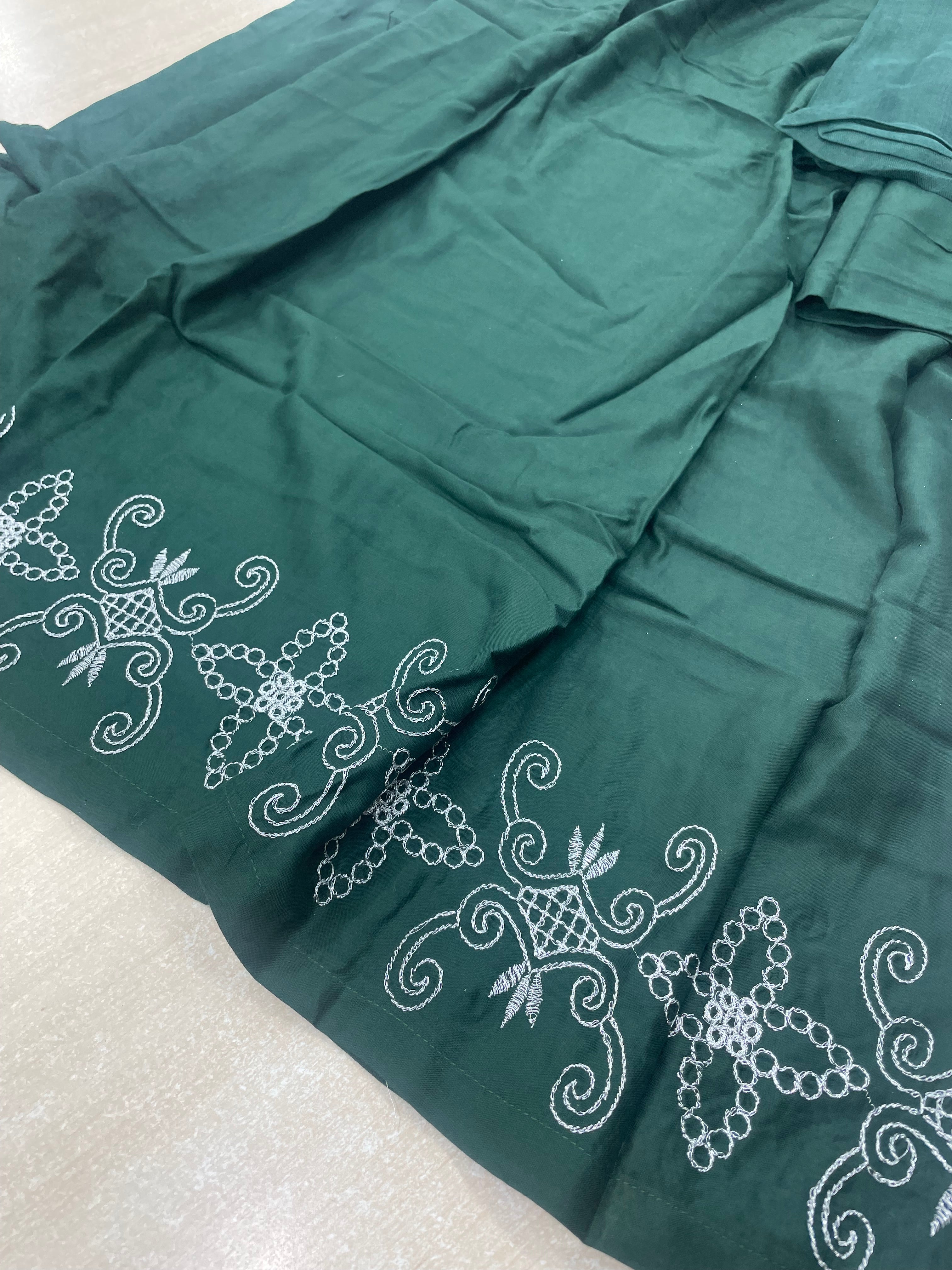 Bottle Green Embroidered Linen Summer Dress - 3 Piece