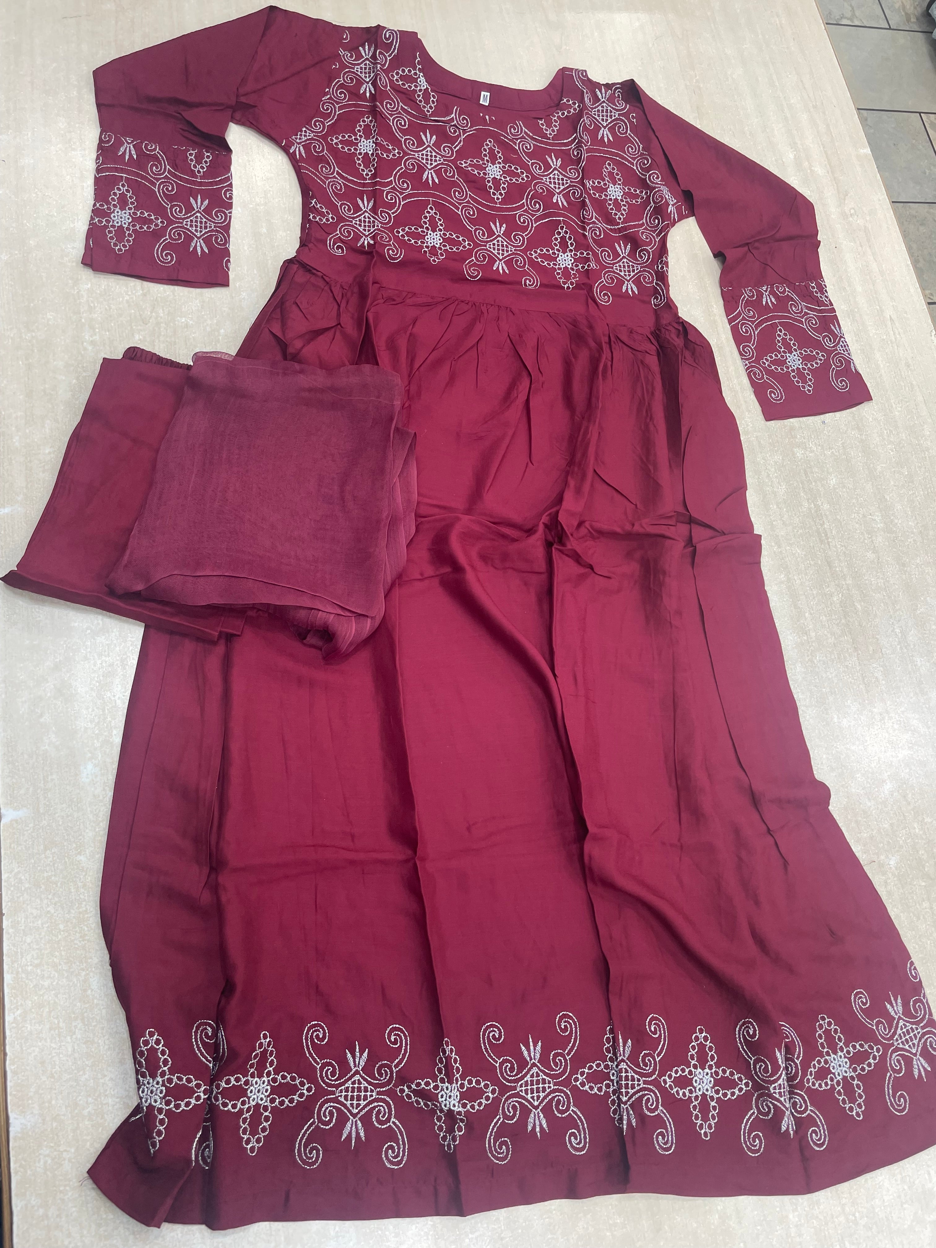 Maroon Embroidered Linen Dress - 3 Piece