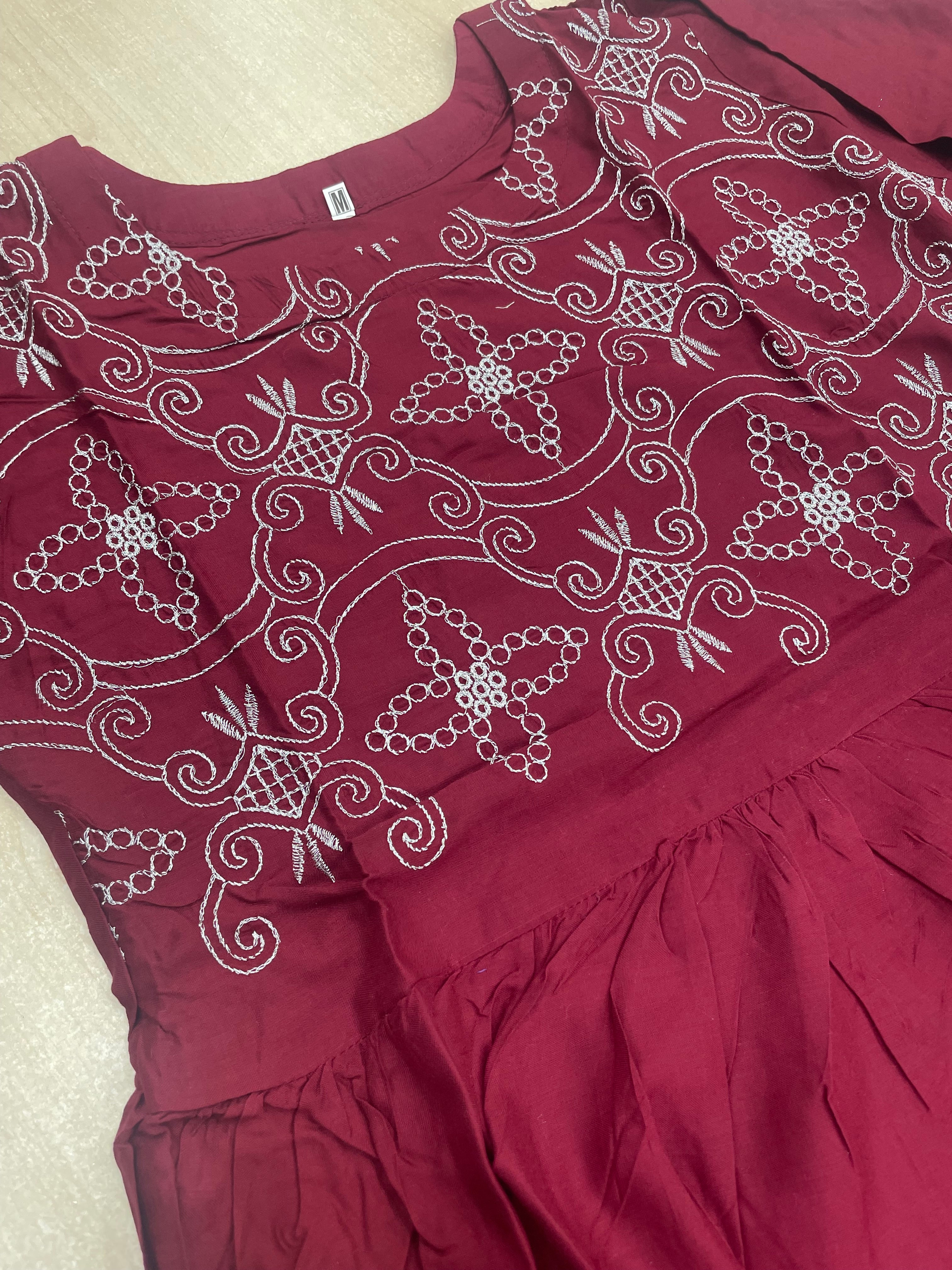 Maroon Embroidered Linen Dress - 3 Piece