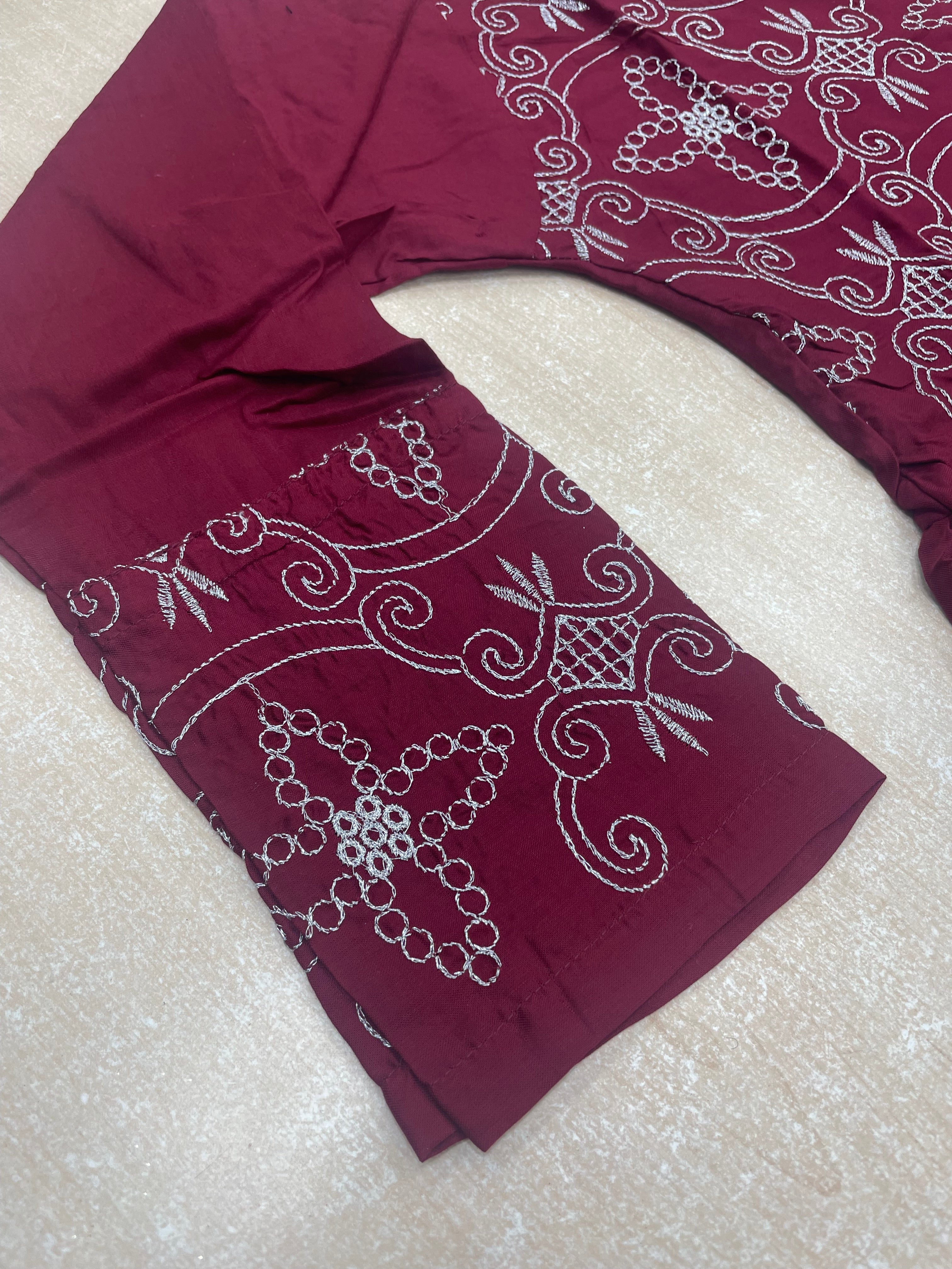 Maroon Embroidered Linen Dress - 3 Piece