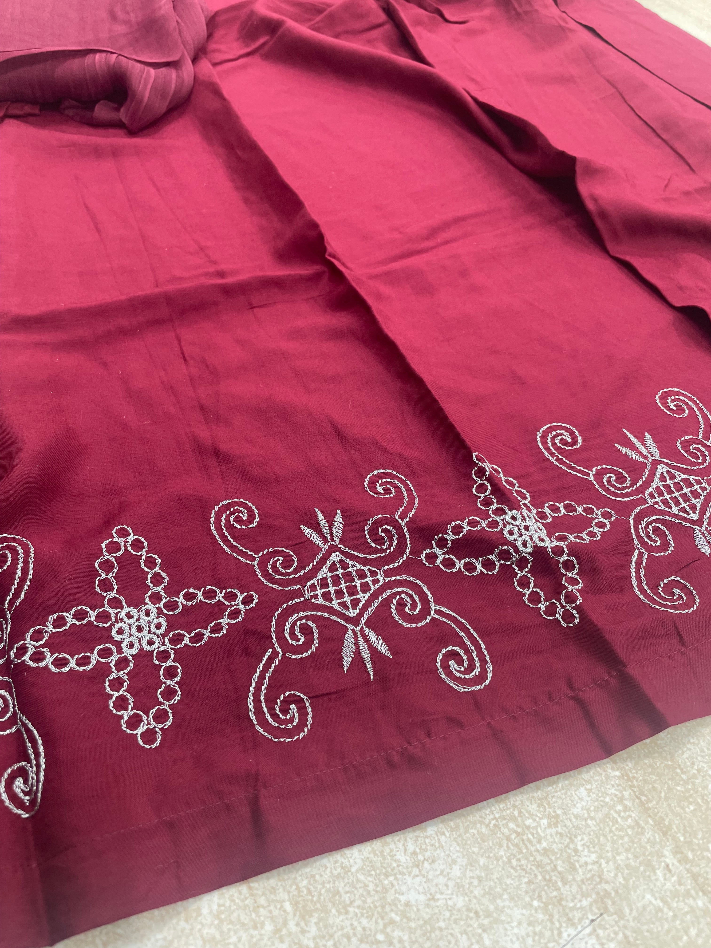 Maroon Embroidered Linen Dress - 3 Piece