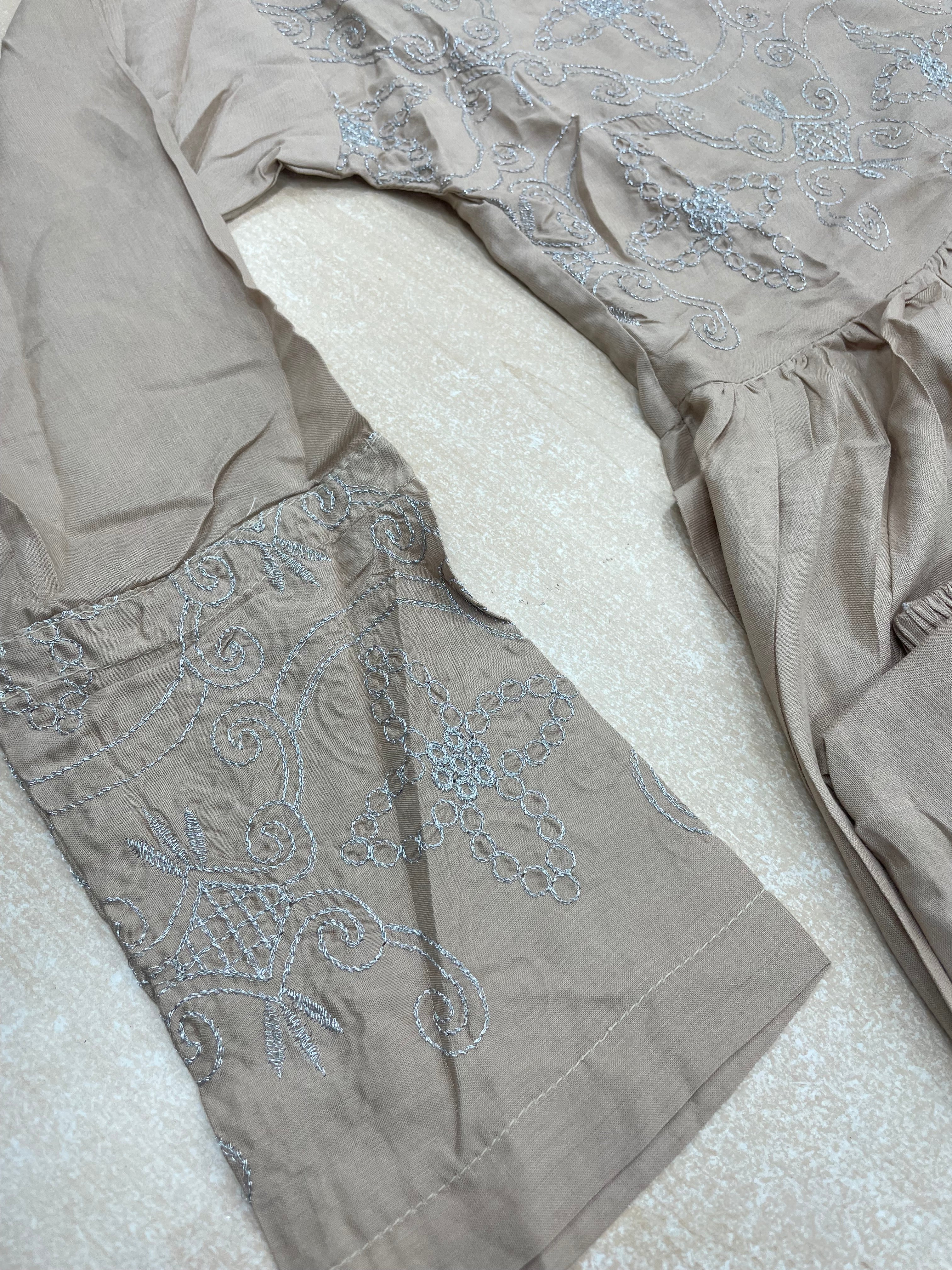 Beige Embroidered Linen Summer Dress - 3 Piece