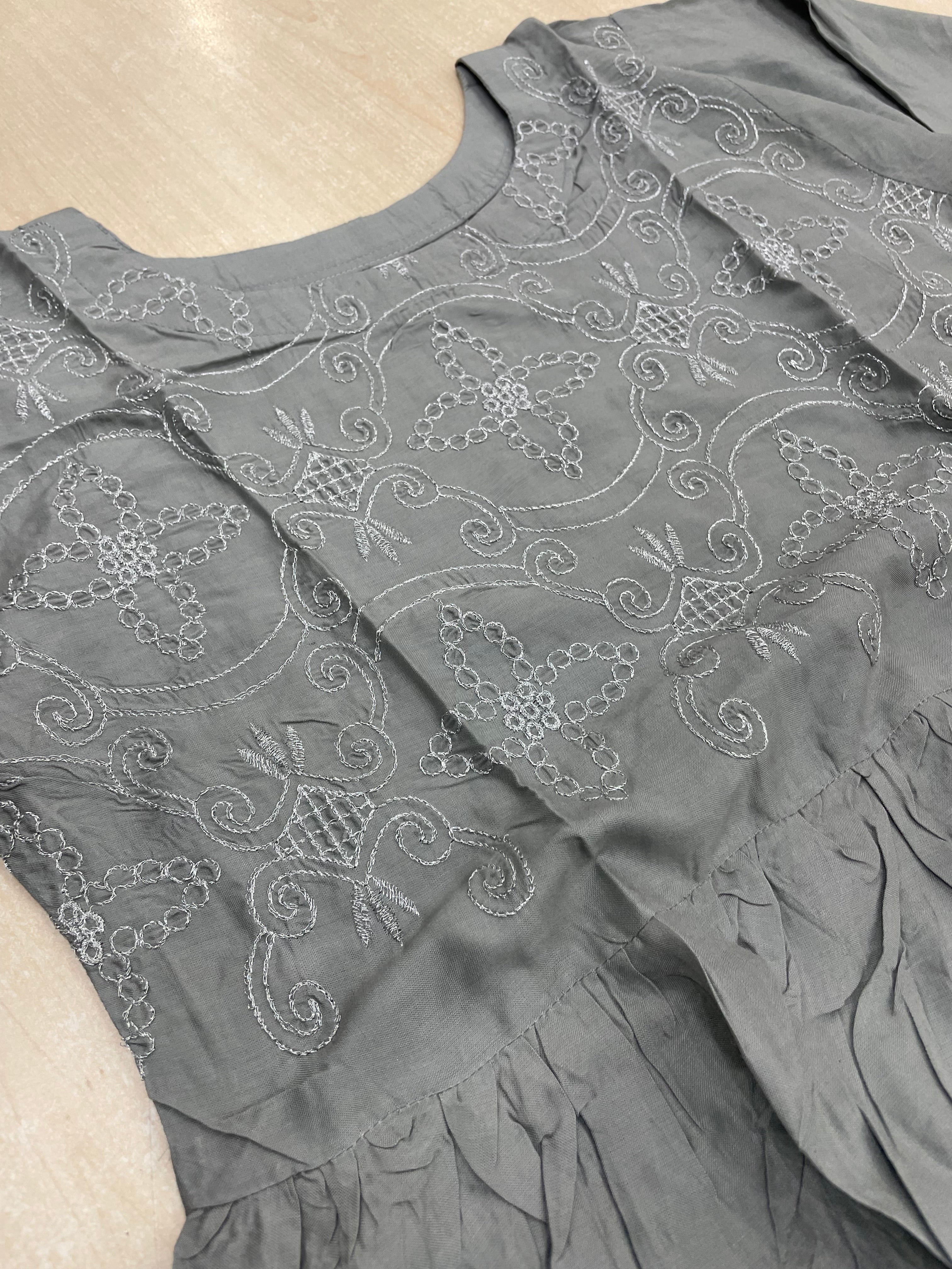 Grey Embroidered Linen Summer Dress - 3 Piece
