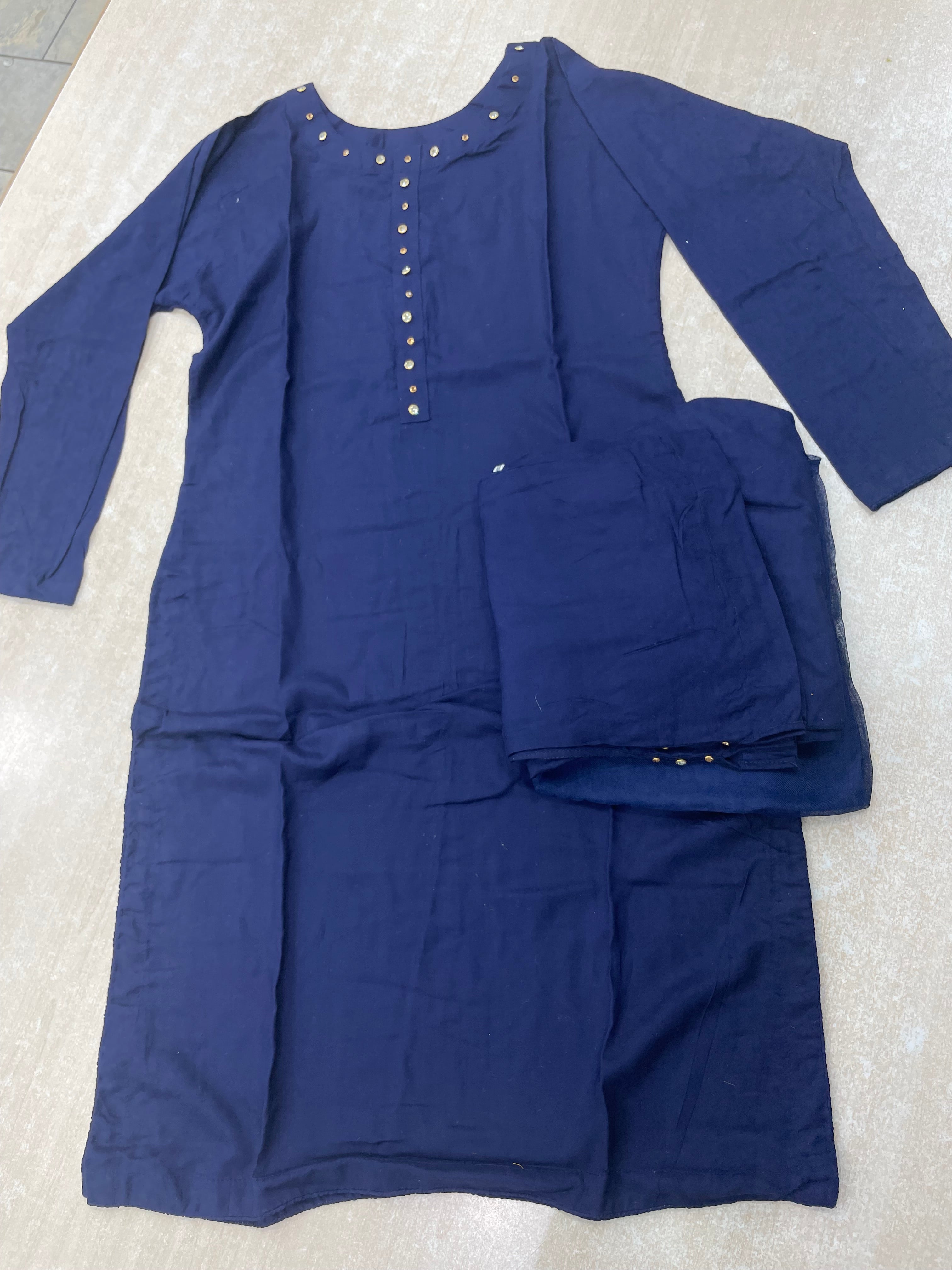 Navy Gem Embellished Three Piece Lawn Co-Ord