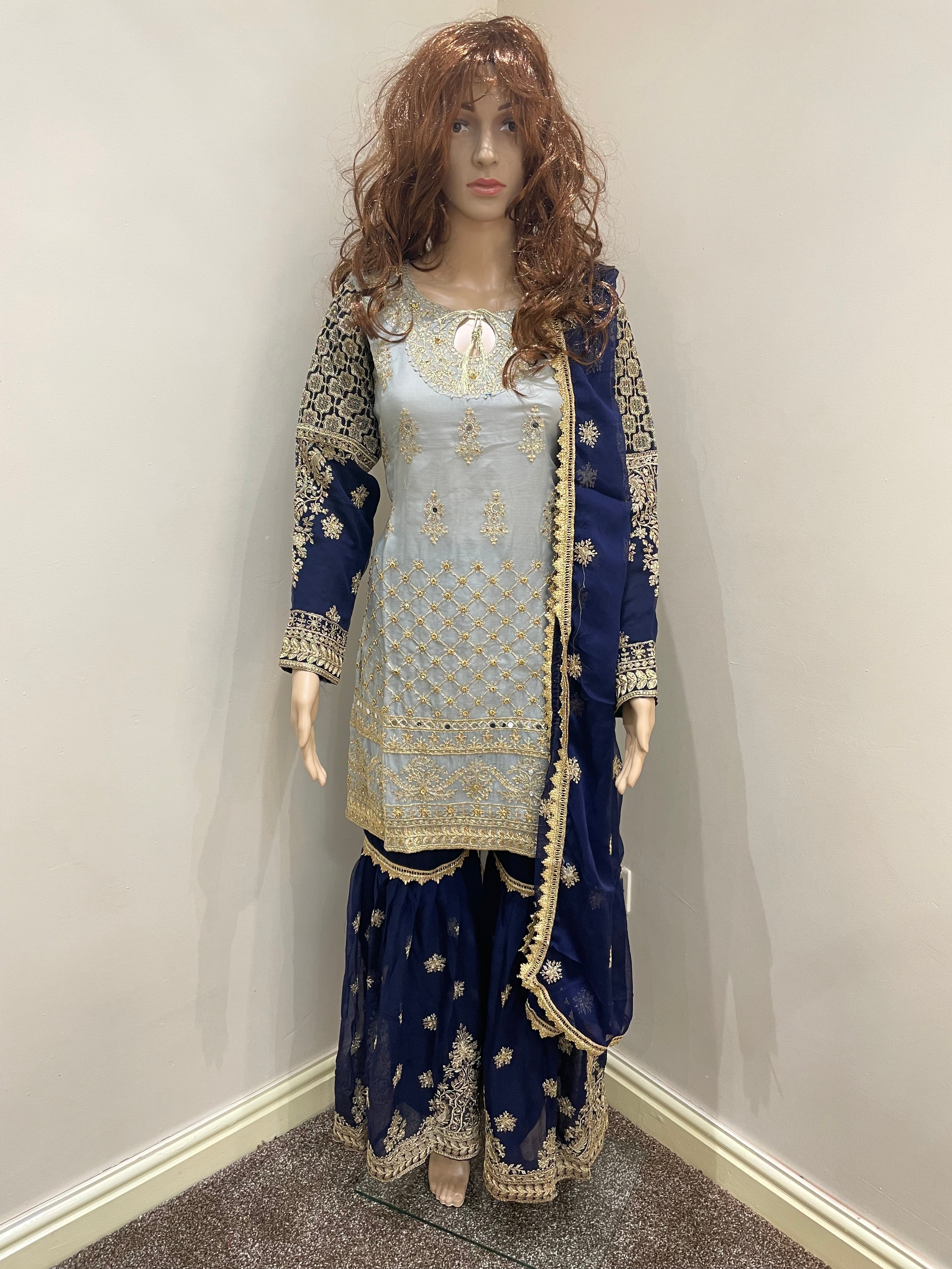 Light and Navy Blue Chiffon Sharara - Gold Embroidery