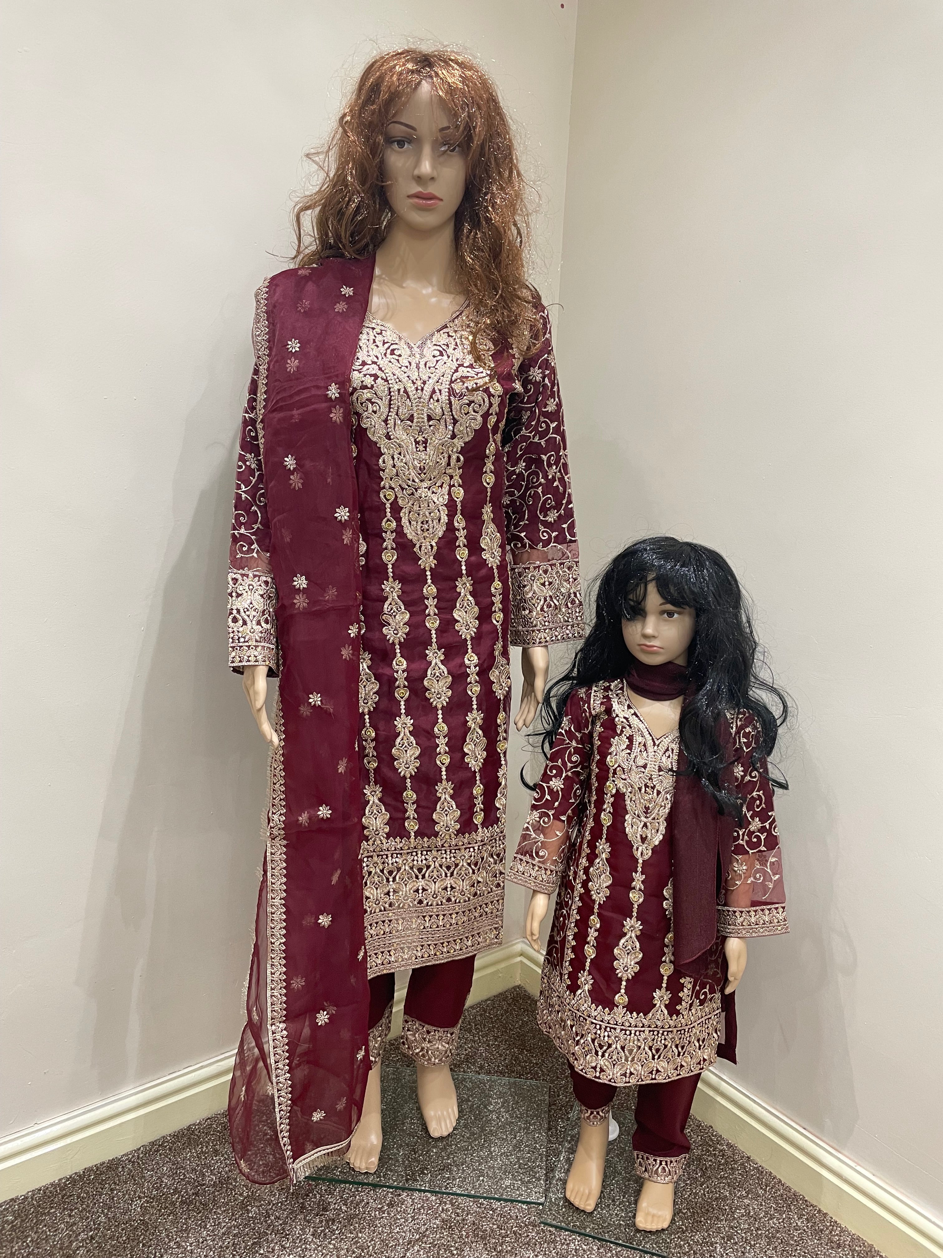 Maroon Chiffon Shalwar Kameez - Mother and Daughter
