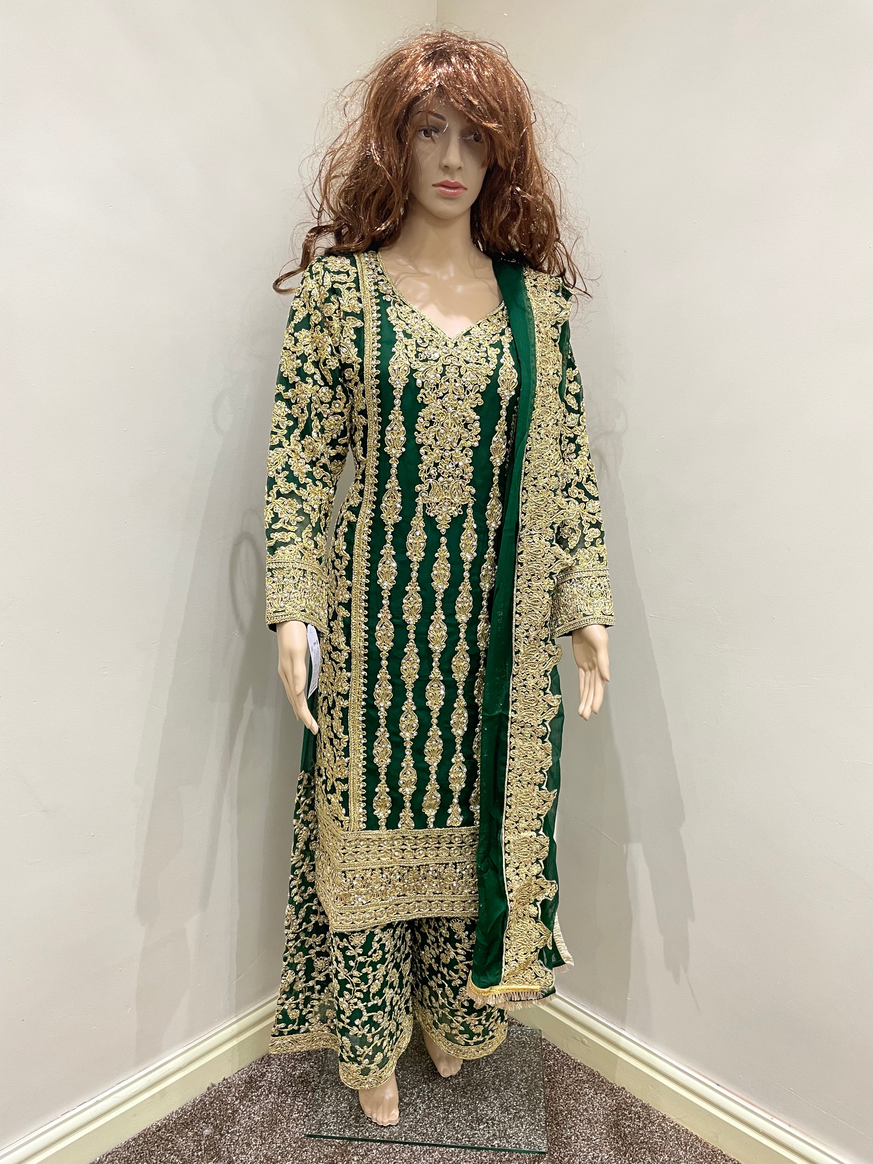 Dark Green Embroidered Chiffon Plazo - Mother and Daughter