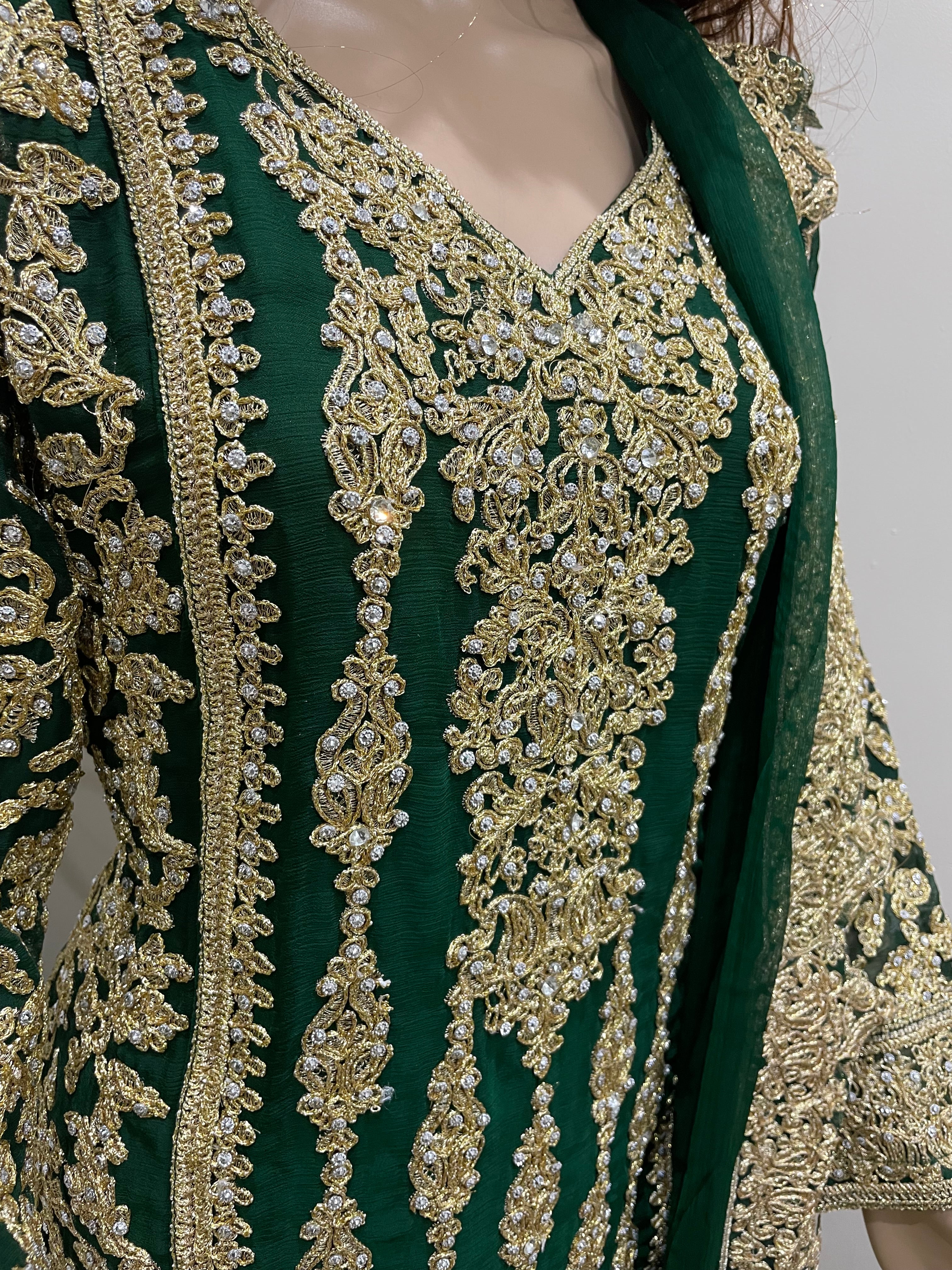 Dark Green Embroidered Chiffon Plazo - Mother and Daughter