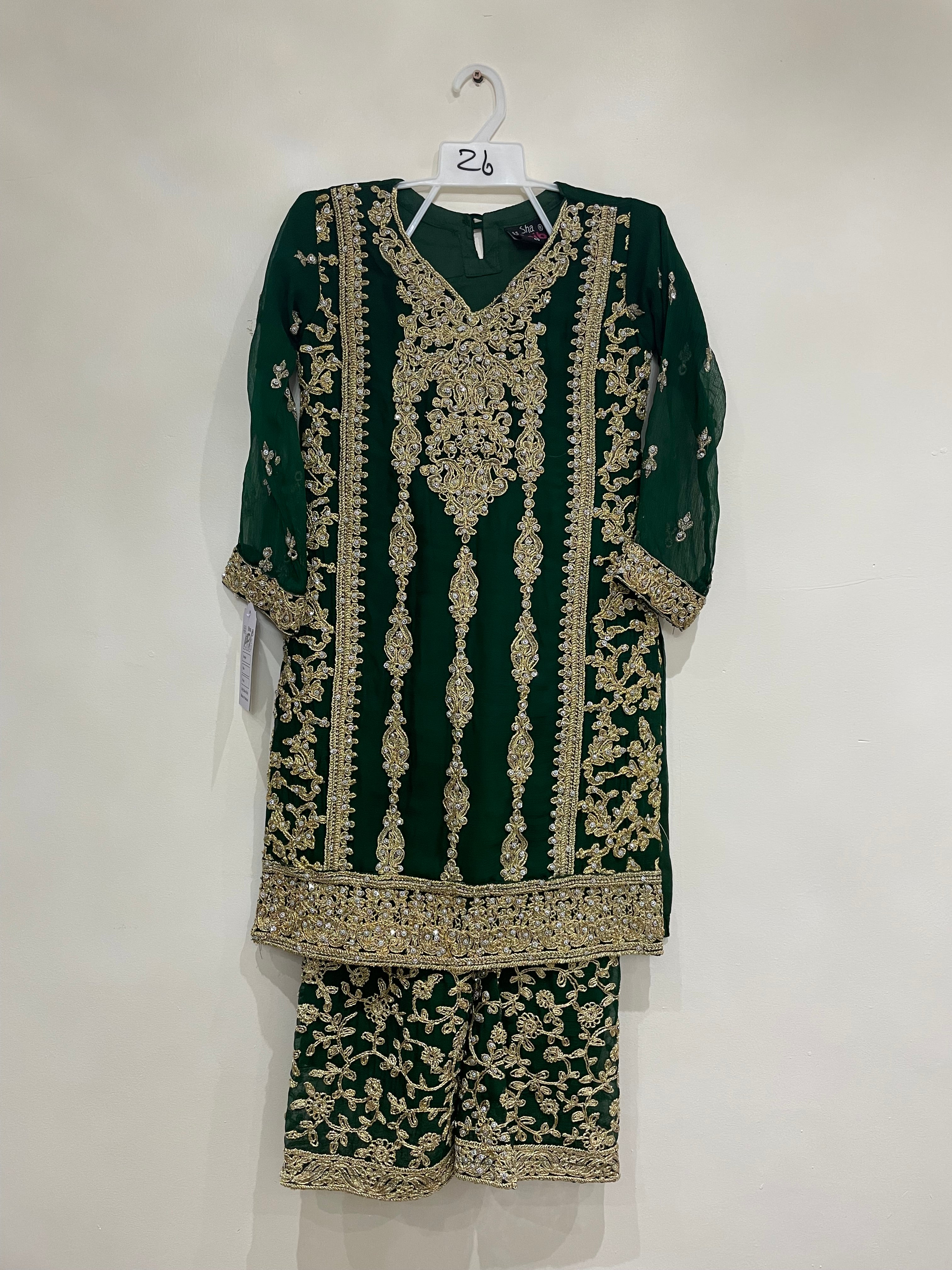 Dark Green Embroidered Chiffon Plazo - Mother and Daughter