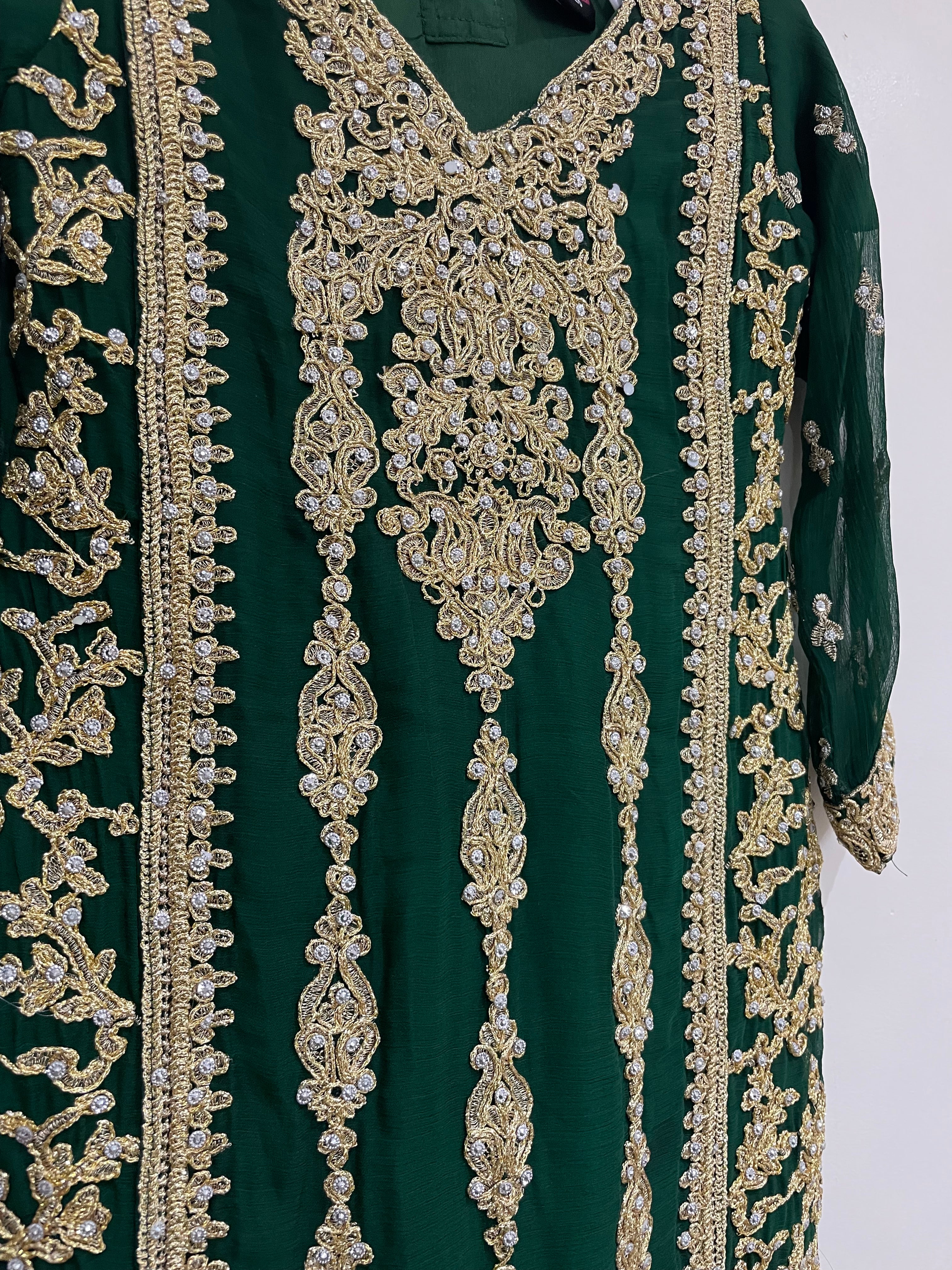 Dark Green Embroidered Chiffon Plazo - Mother and Daughter
