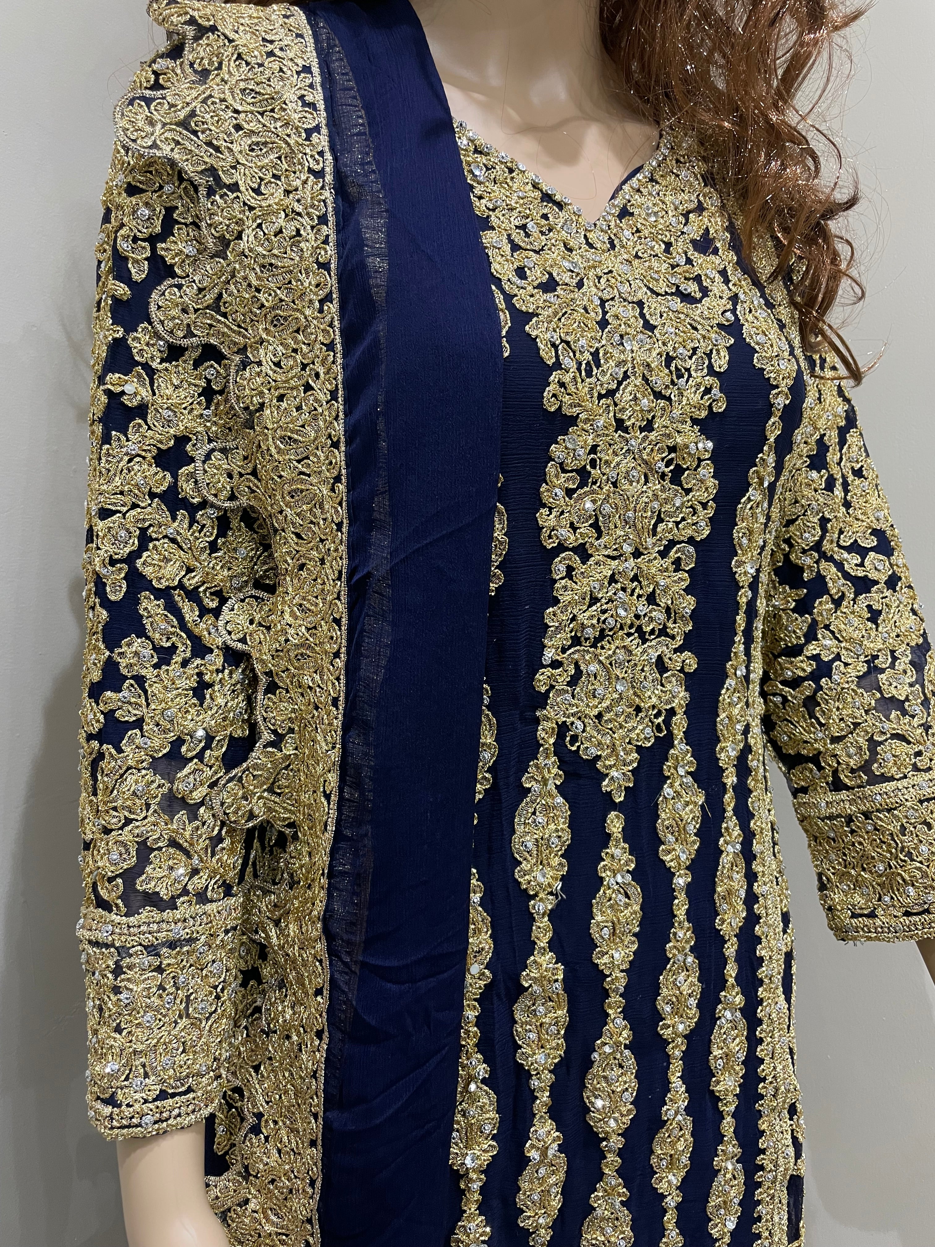 Navy Blue Embroidered Chiffon Plazo - Mother and Daughter