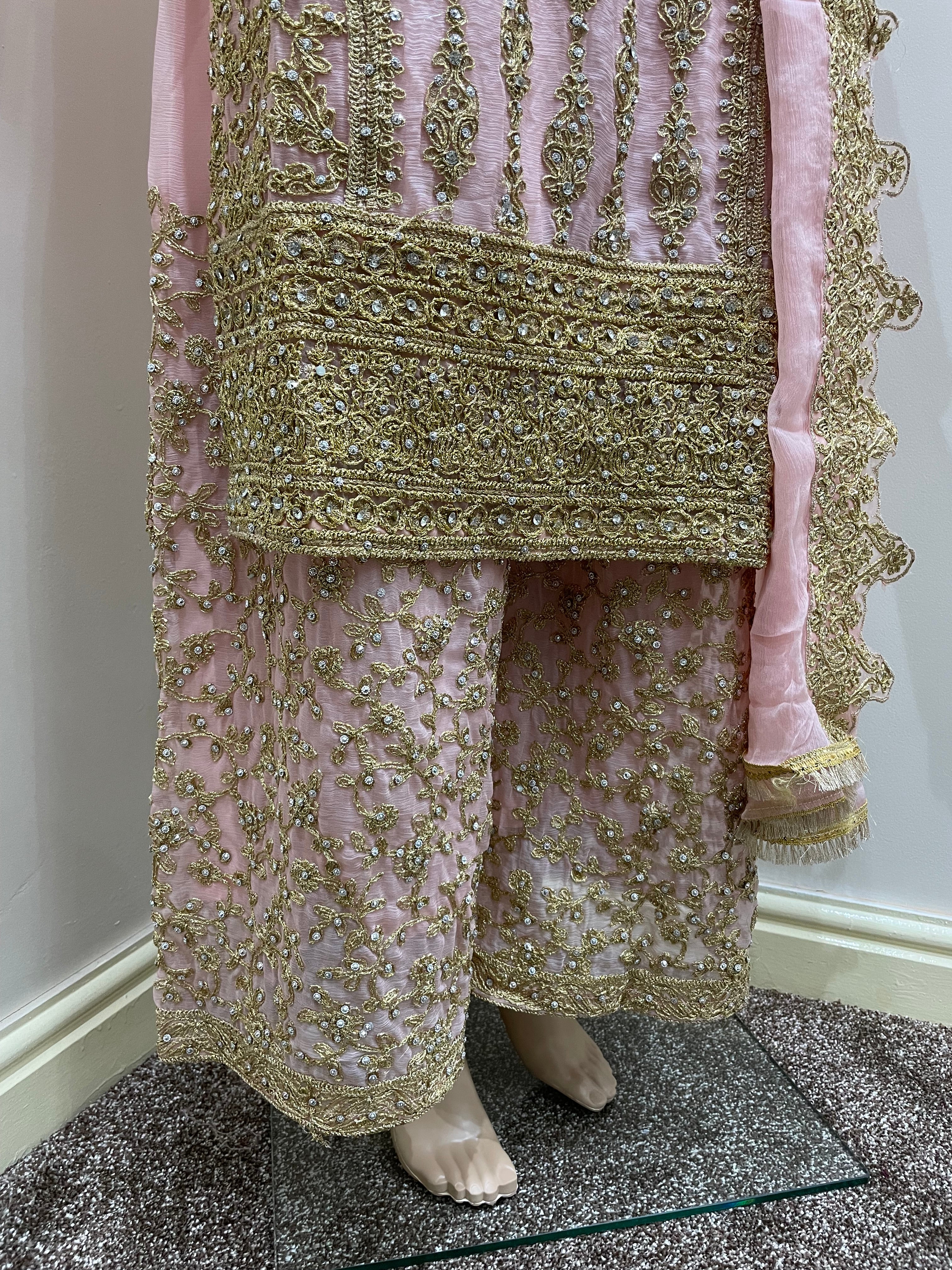 Pink Embroidered Chiffon Plazo - Mother and Daughter