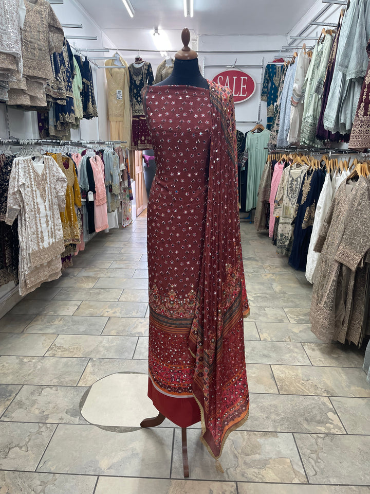 Light Chestnut Mendhi Suit E- Mirror Work - Unstitched