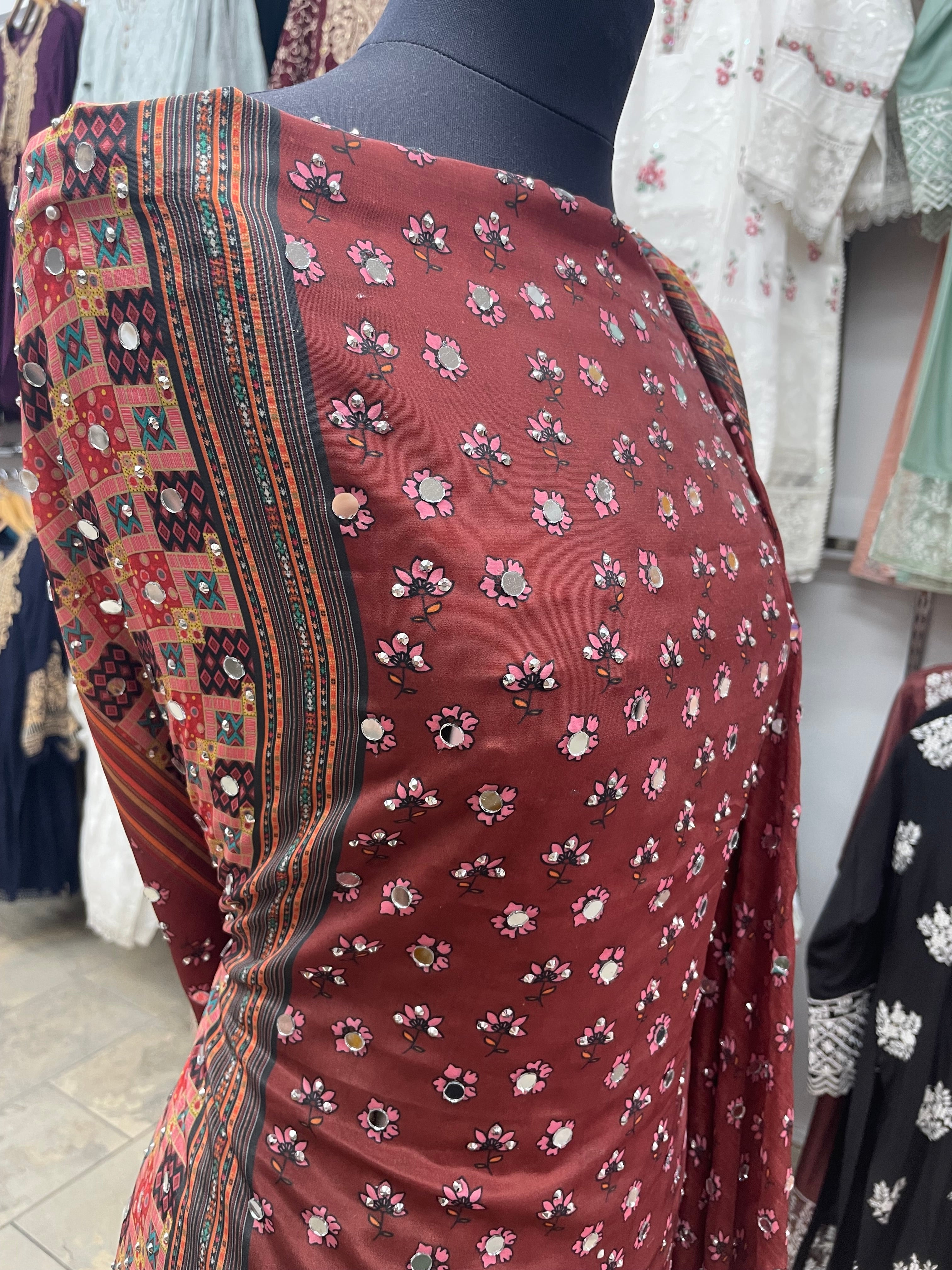 Light Chestnut Mendhi Suit E- Mirror Work - Unstitched