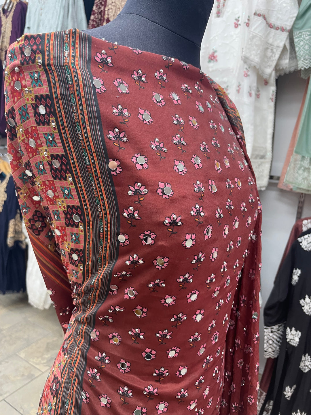 Light Chestnut Mendhi Suit E- Mirror Work - Unstitched