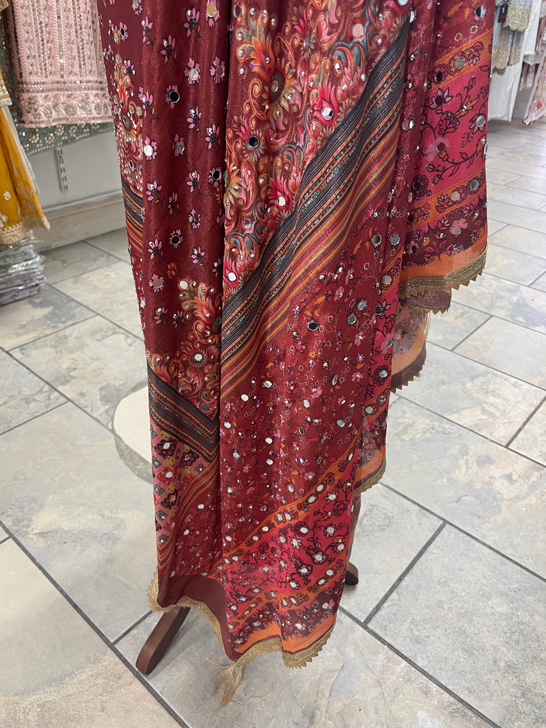 Light Chestnut Mendhi Suit E- Mirror Work - Unstitched
