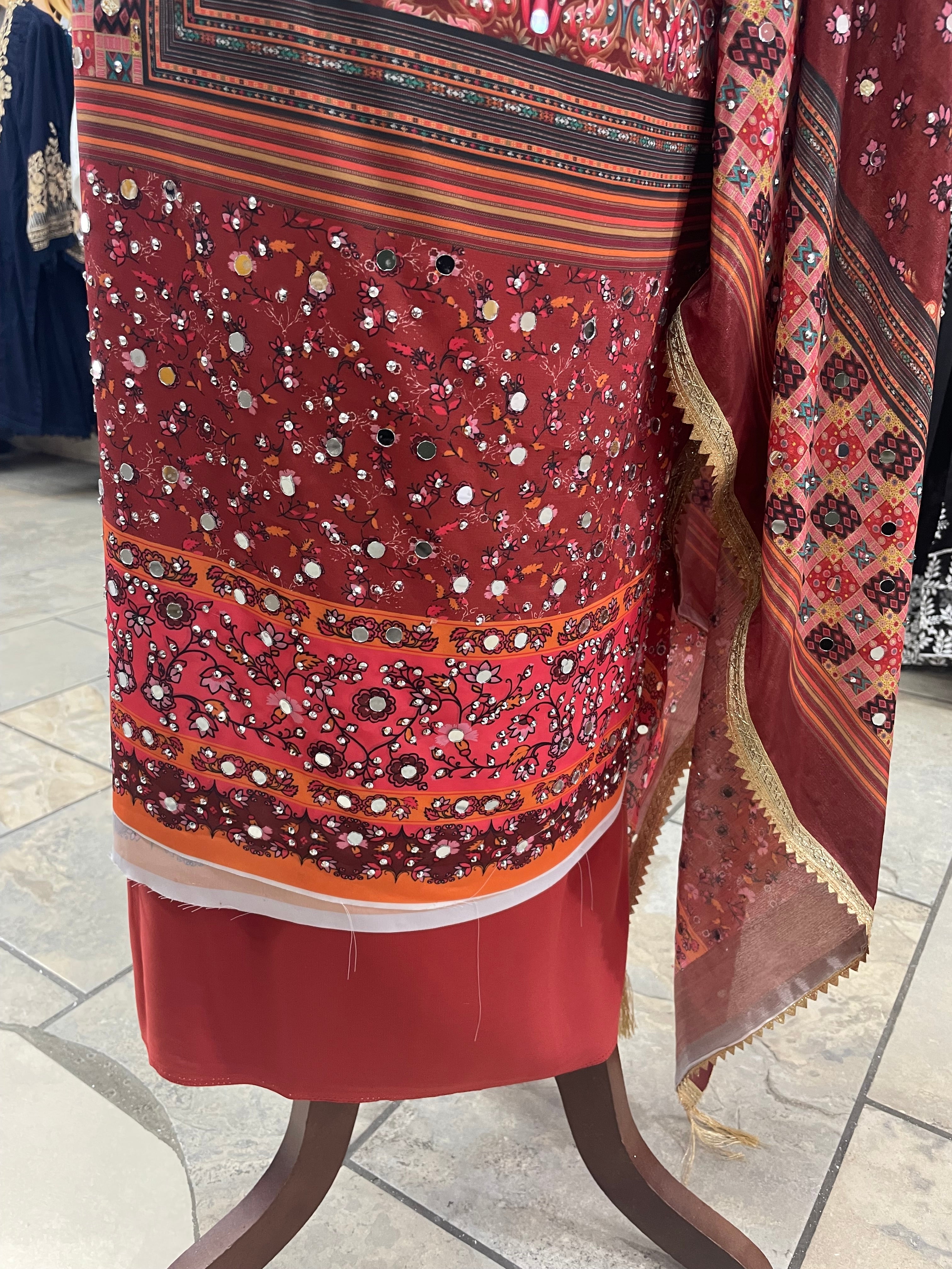 Light Chestnut Mendhi Suit E- Mirror Work - Unstitched