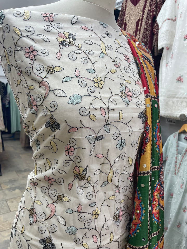 White Mendhi Suit A - Floral Embroidered - Unstitched