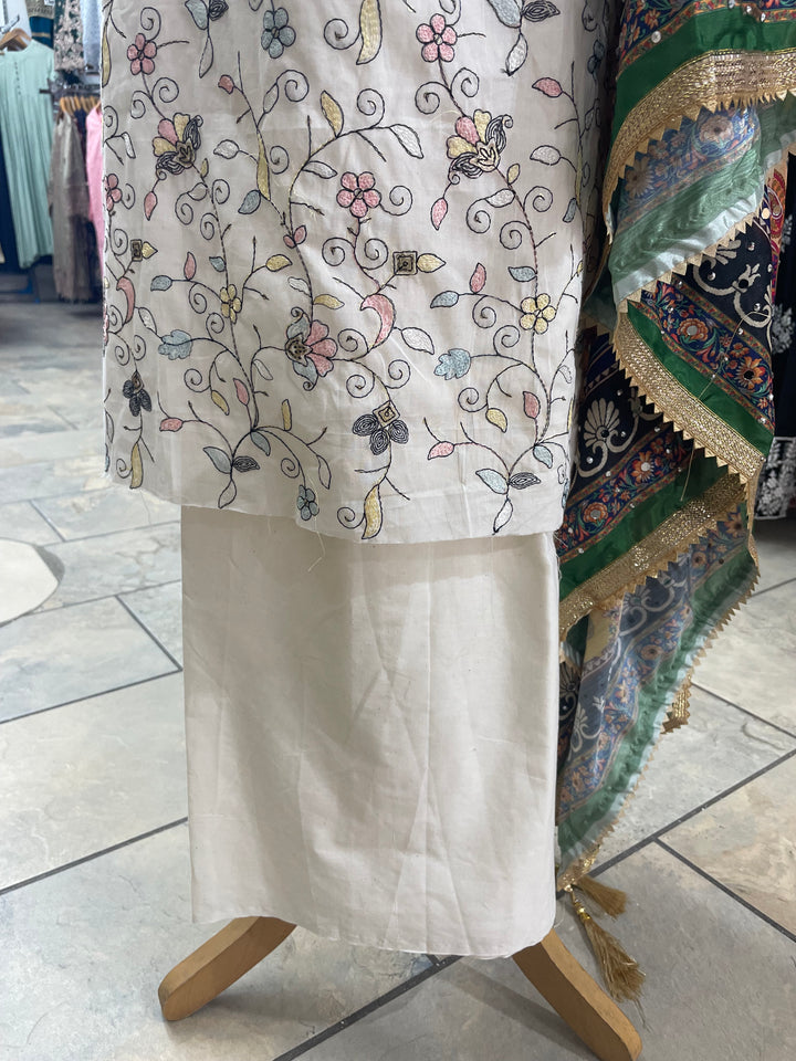 White Mendhi Suit A - Floral Embroidered - Unstitched
