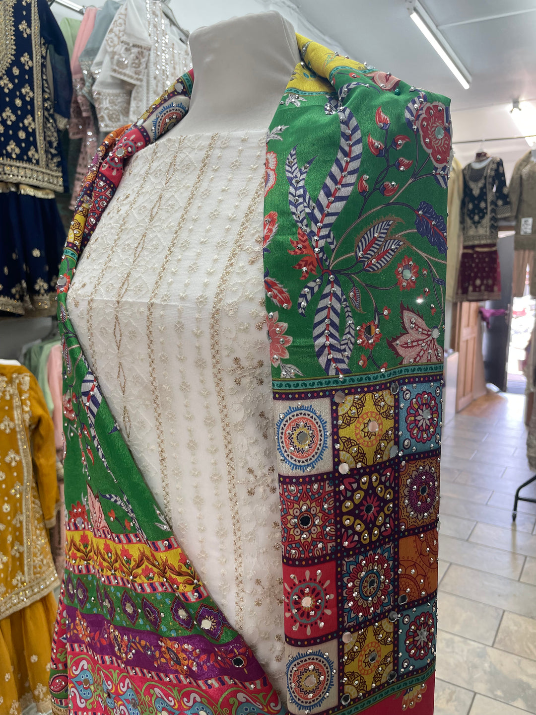 Ivory Mendhi Suit C - Full Embroidered - Unstitched