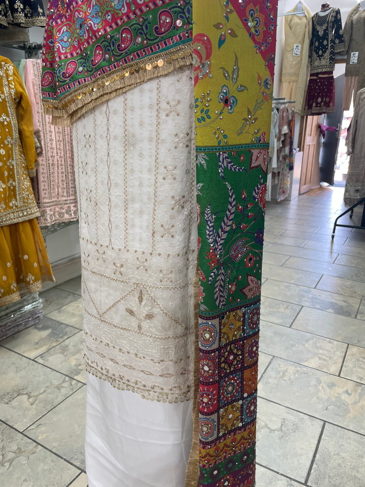 Ivory Mendhi Suit C - Full Embroidered - Unstitched
