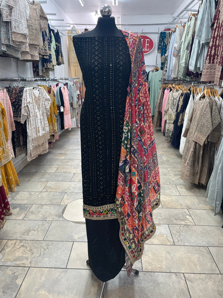 Black Mendhi Suit F - Full Embroidered - Unstitched