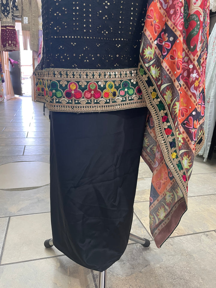 Black Mendhi Suit F - Full Embroidered - Unstitched