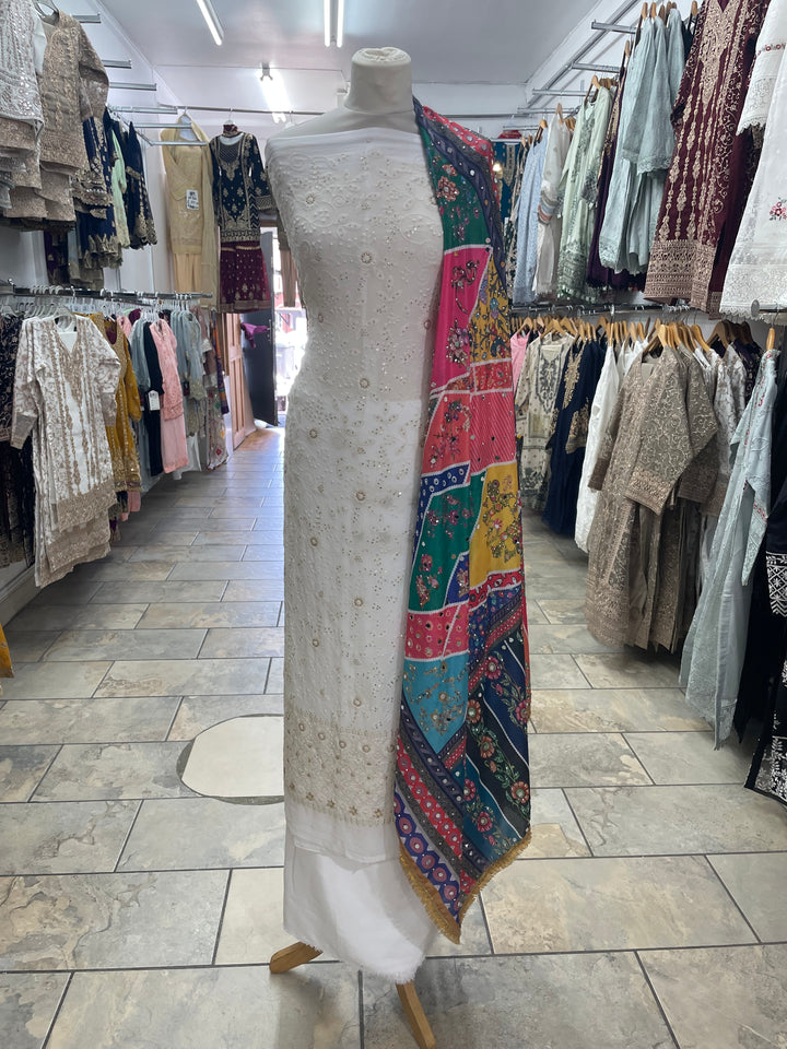 White Mendhi Suit D - Full Embroidered - Unstitched