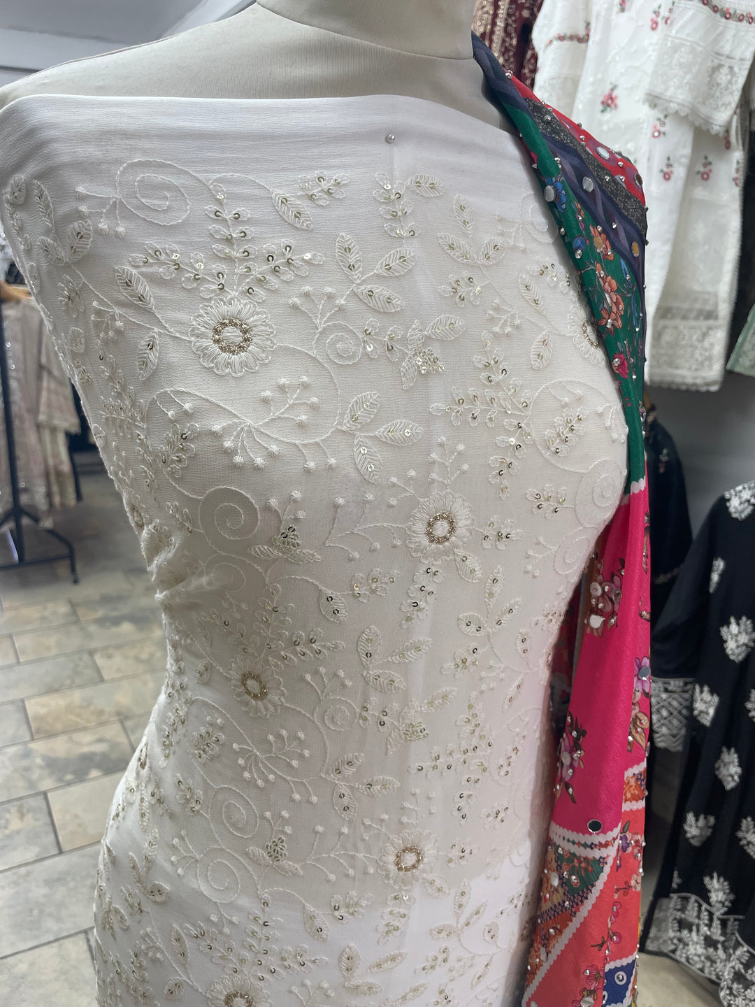 White Mendhi Suit D - Full Embroidered - Unstitched