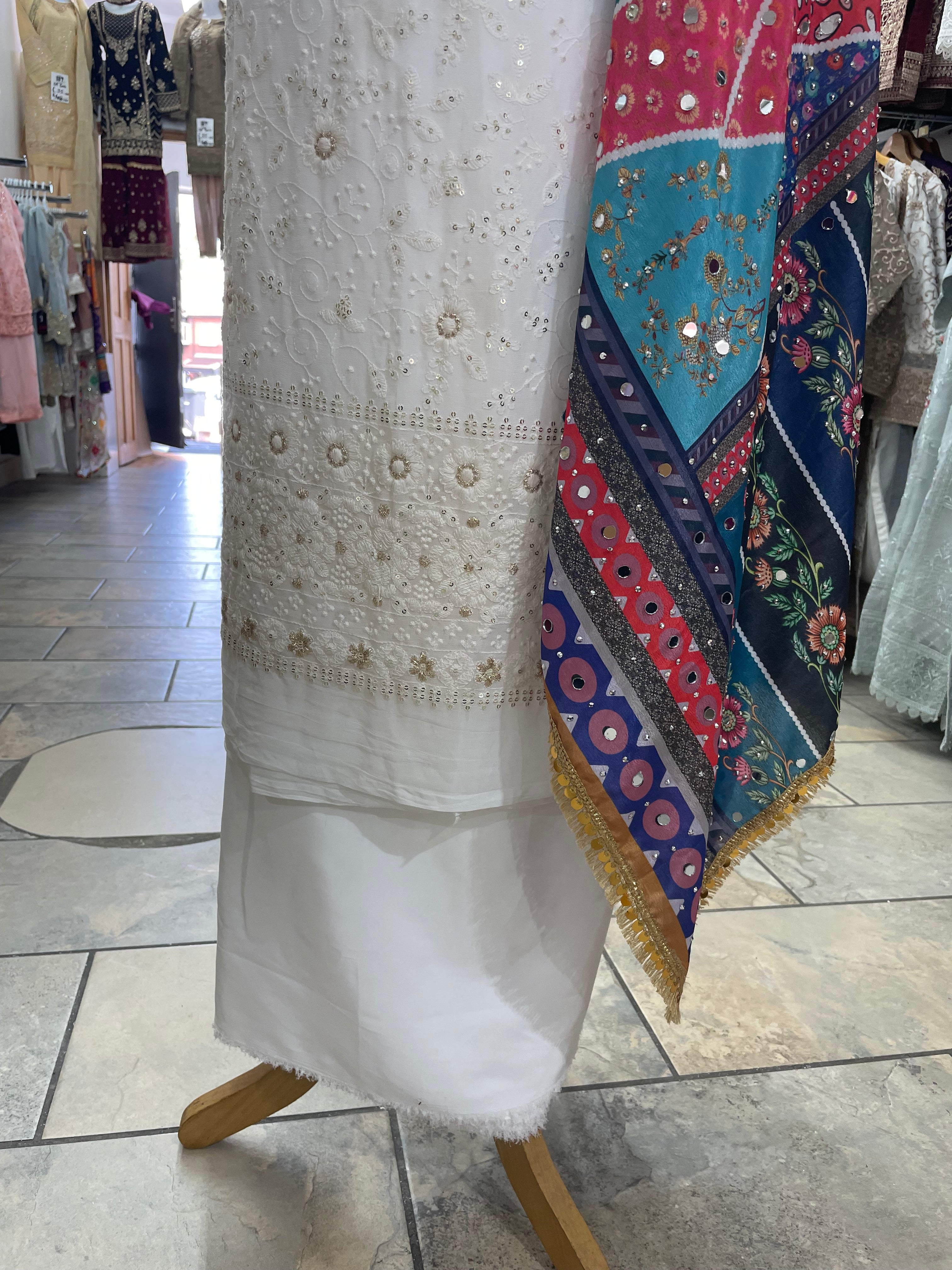 White Mendhi Suit D - Full Embroidered - Unstitched