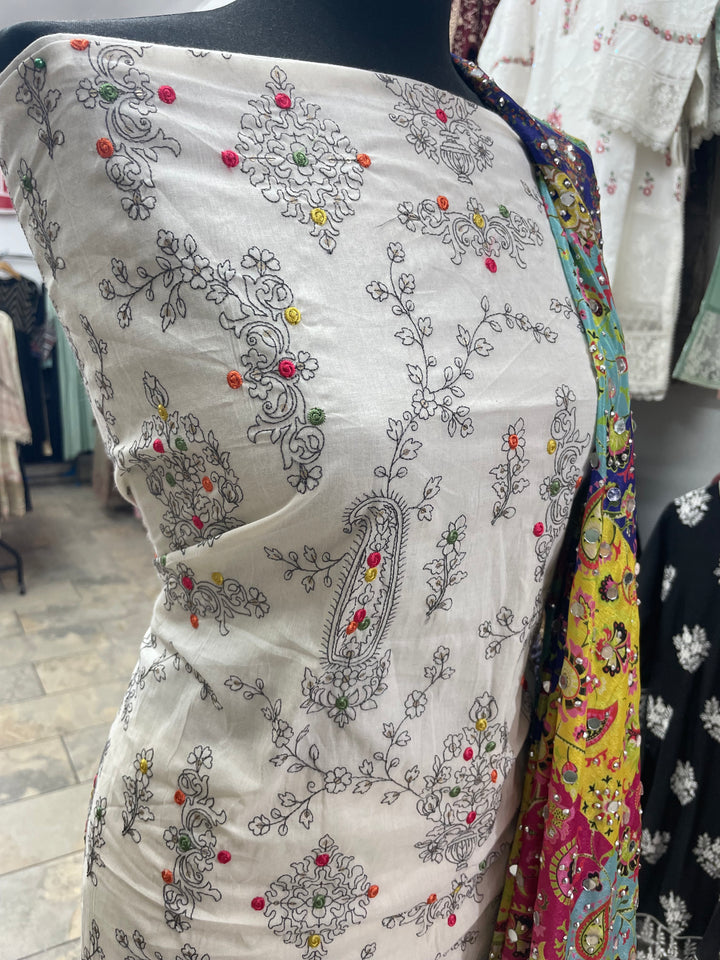 White Mendhi Suit B - Floral Embroidered - Unstitched