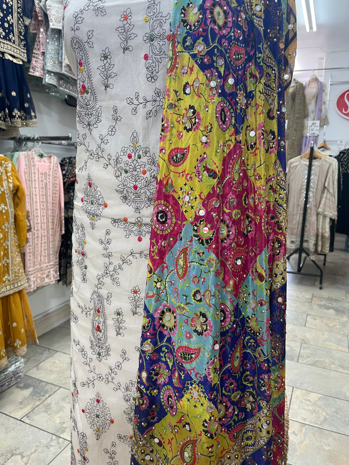 White Mendhi Suit B - Floral Embroidered - Unstitched