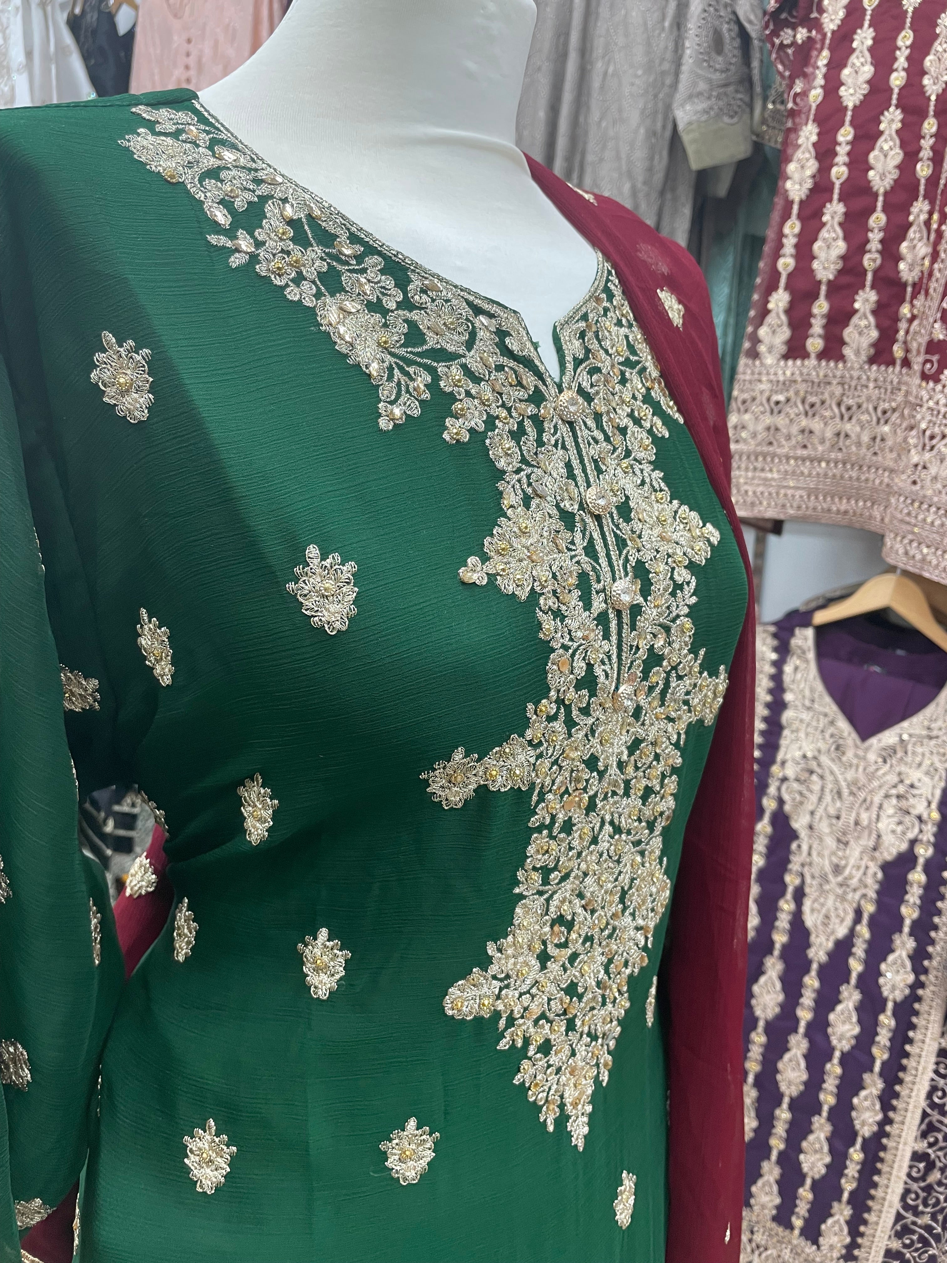 Green Chiffon Sharara with Maroon Dupatta - Gold Embroidery