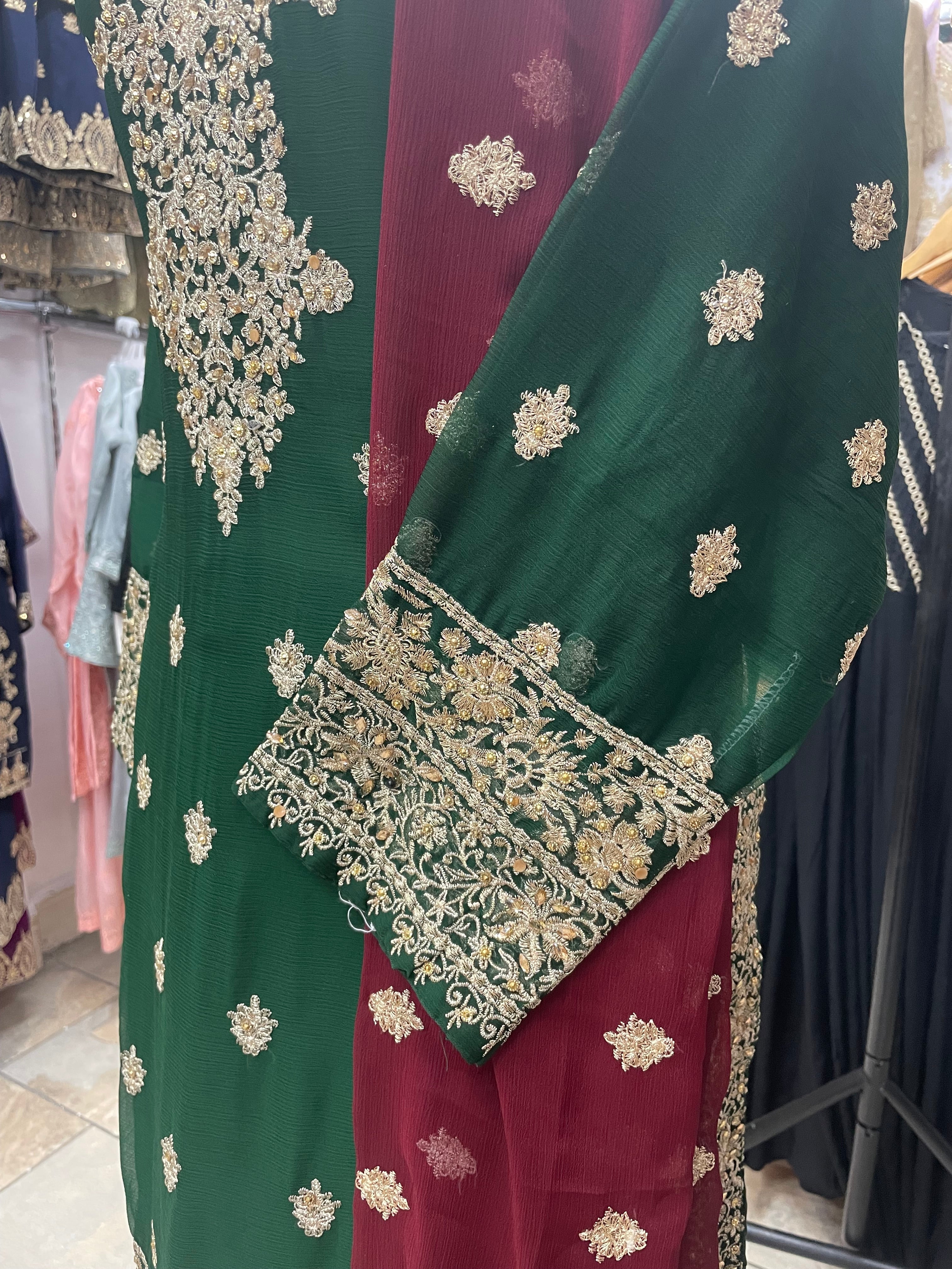 Green Chiffon Sharara with Maroon Dupatta - Gold Embroidery