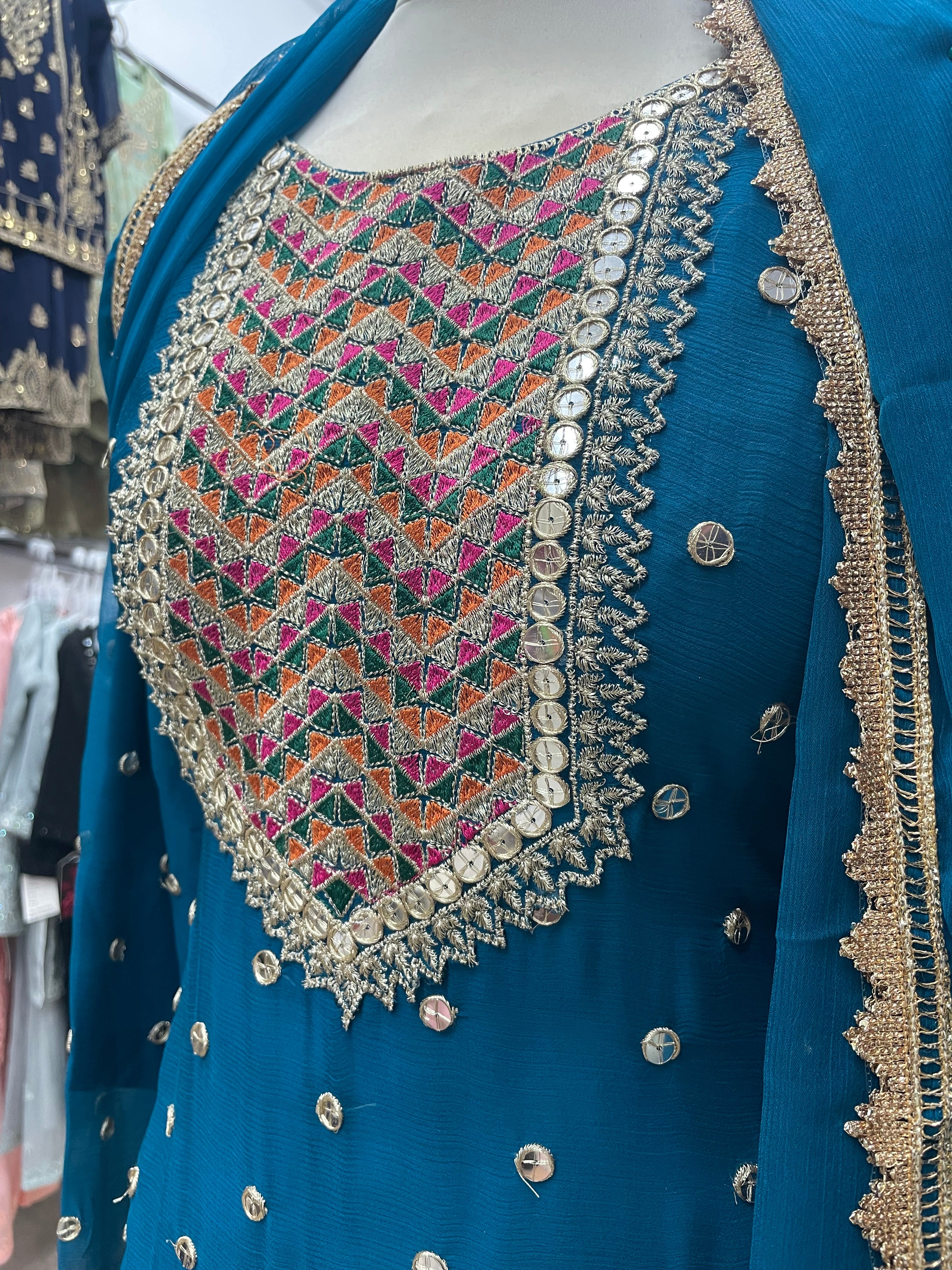 Dark Turquoise Chiffon Sharara - Gold Embroidery