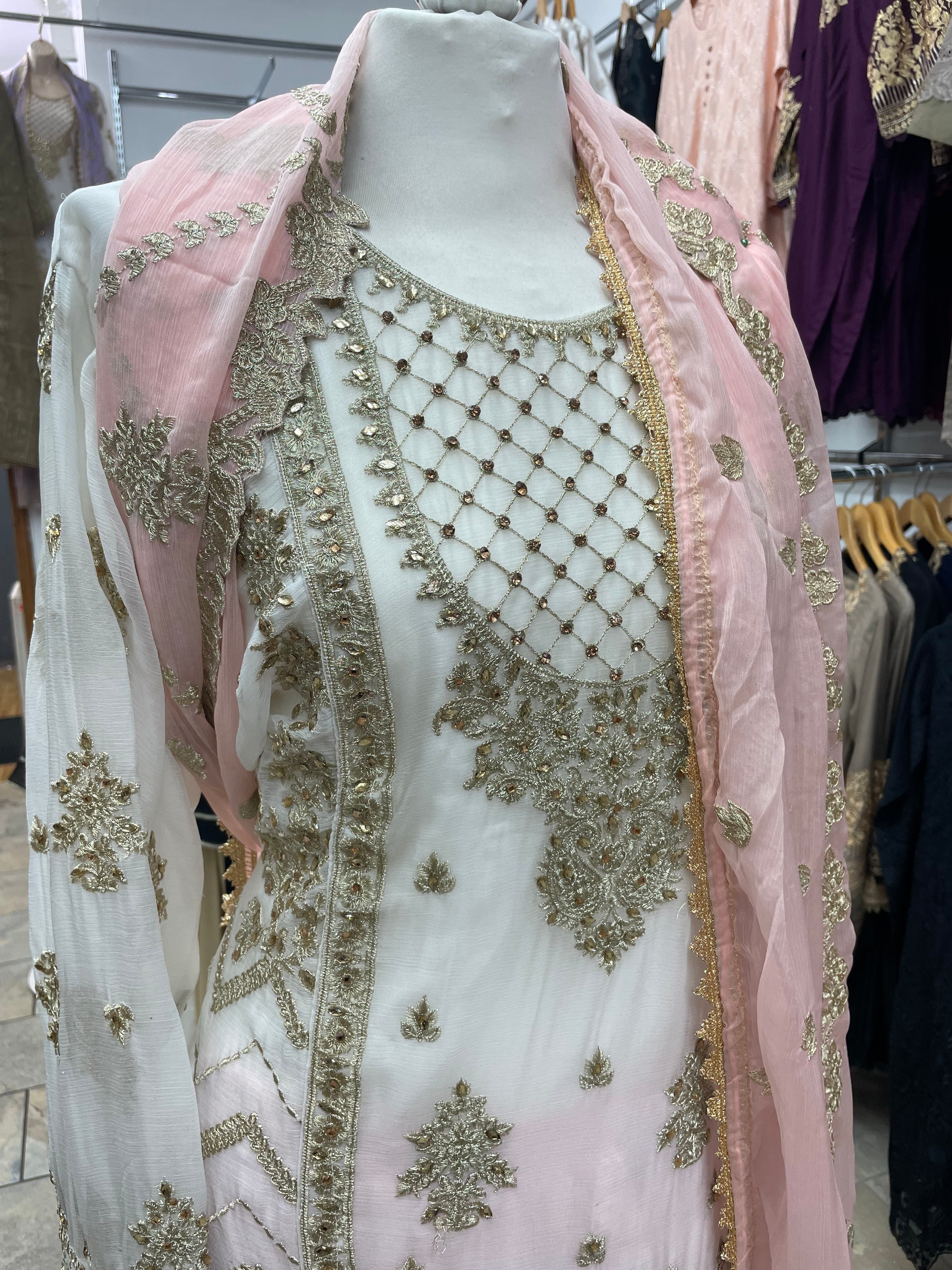 White and Pink Chiffon Sharara - Gold Embroidery