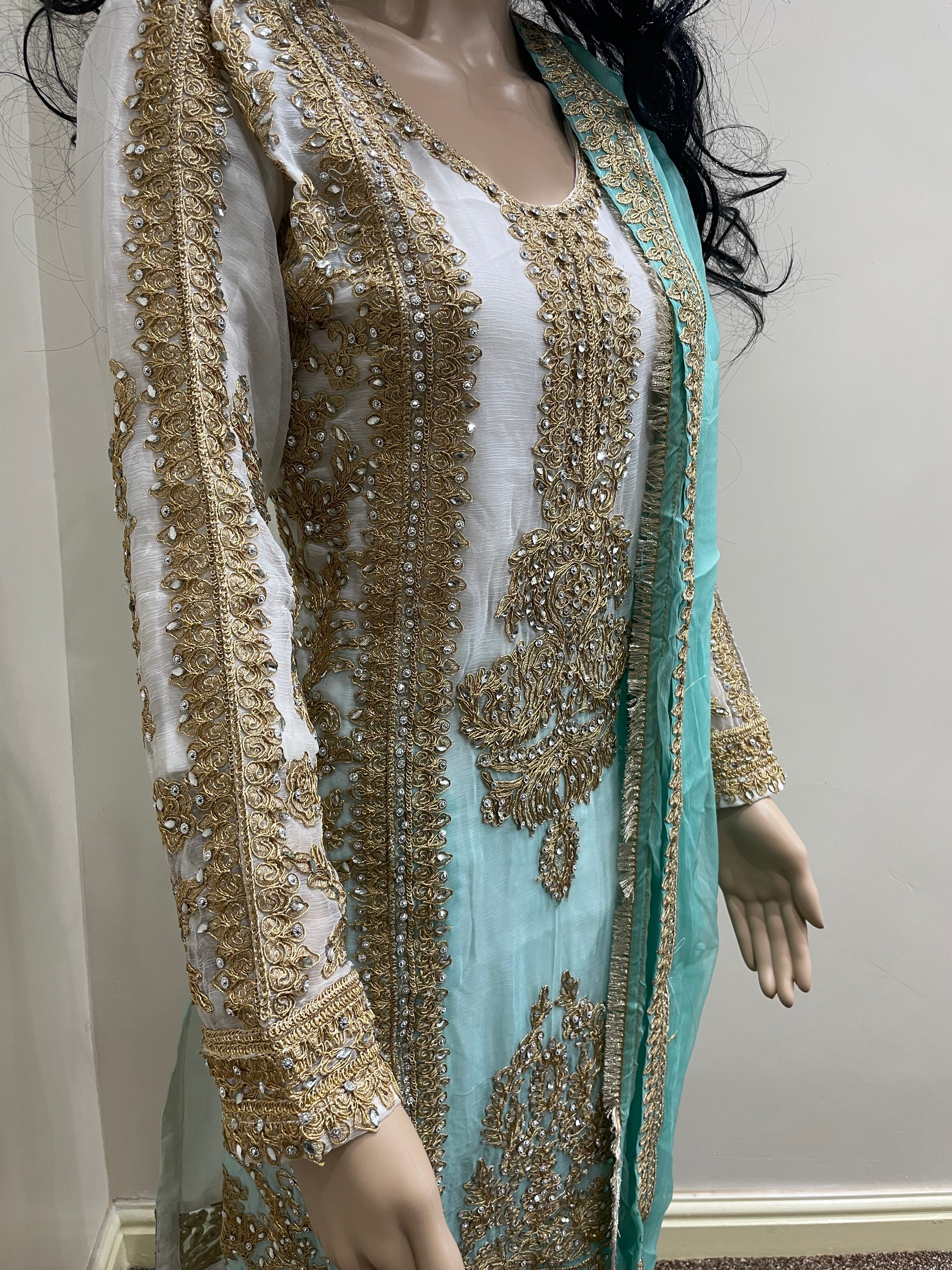 White and Turquoise Tie Dye Shalwar Kameez