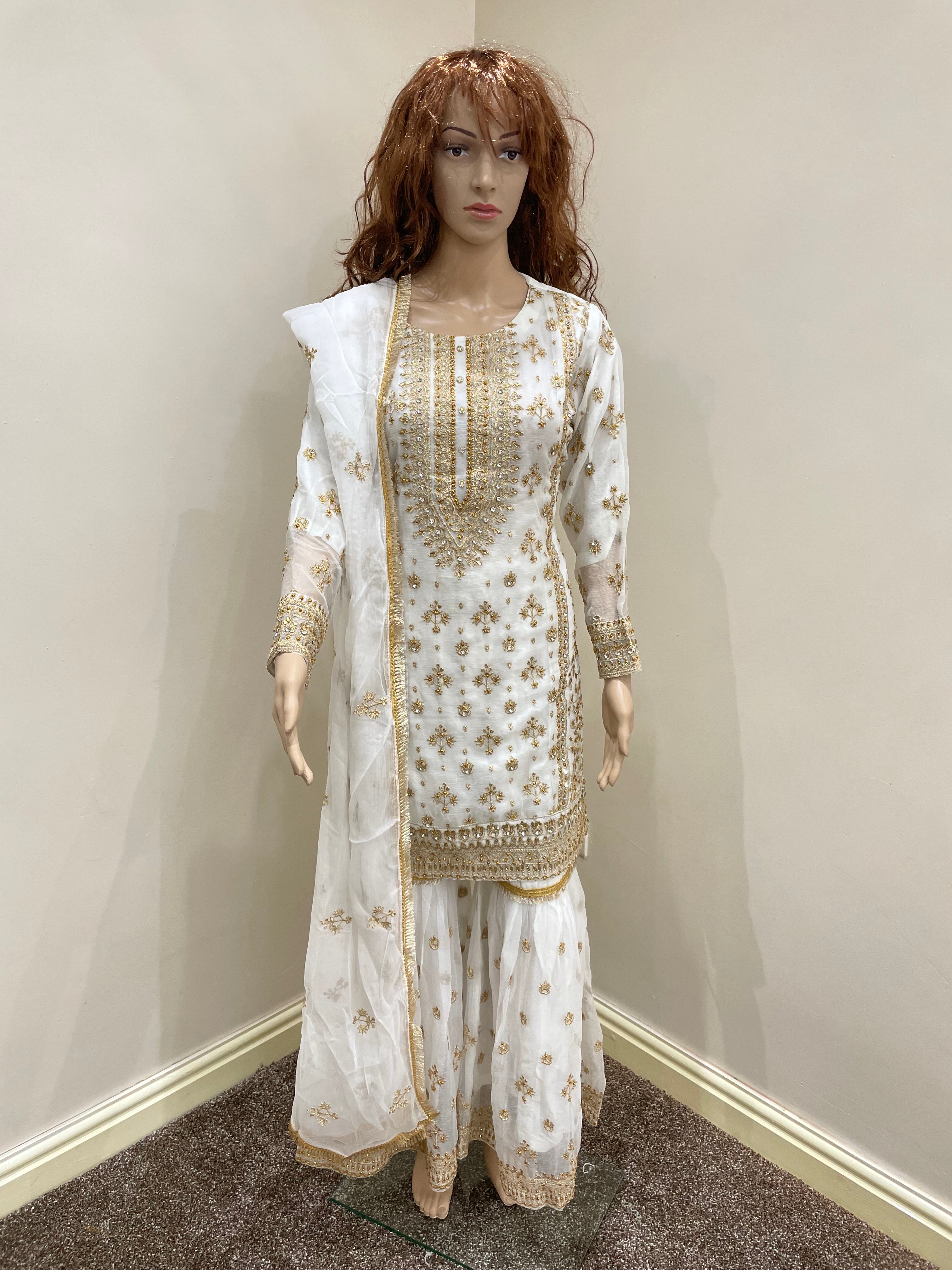 White Chiffon Sharara - Gold Embroidery