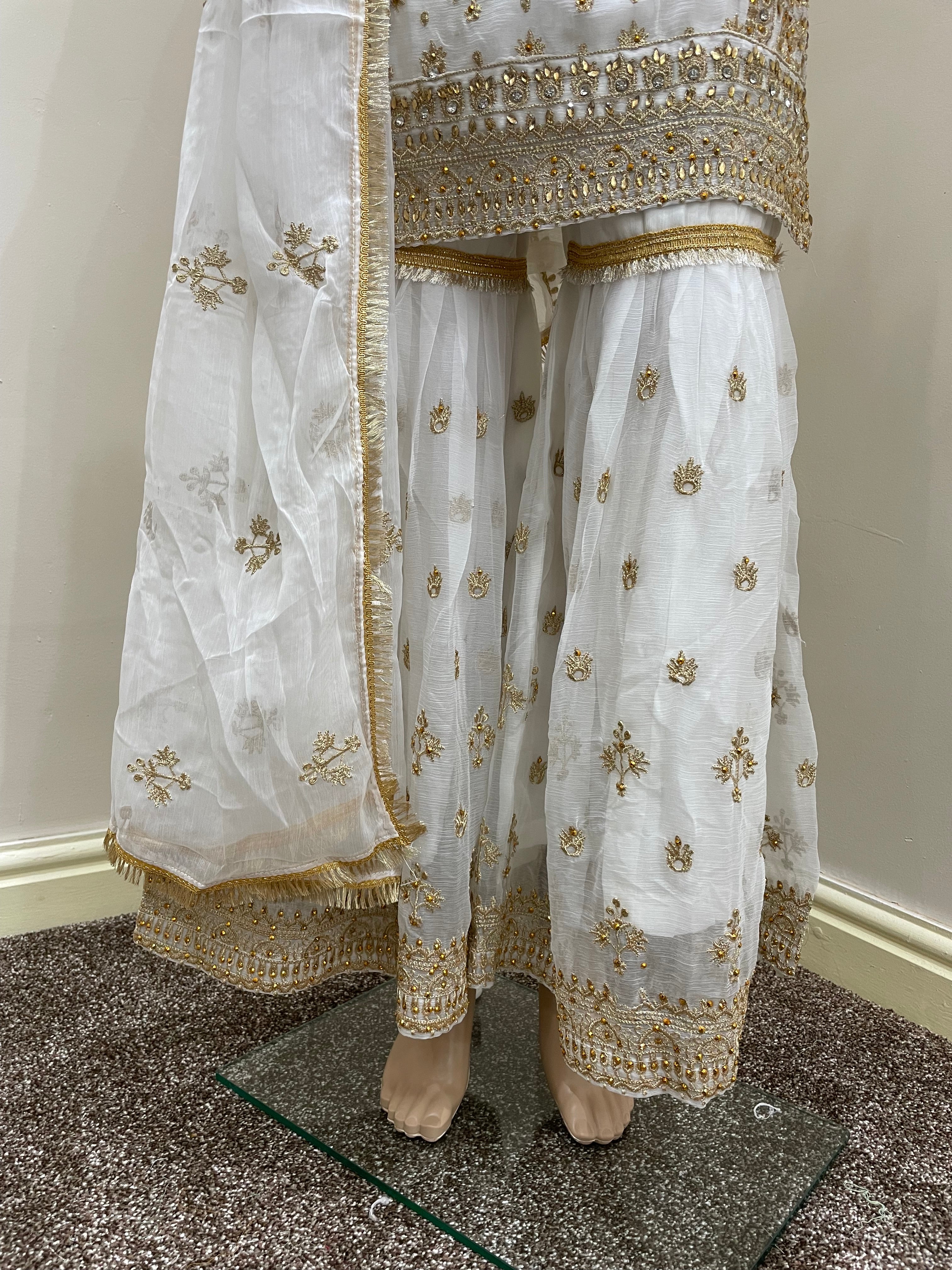 White Chiffon Sharara - Gold Embroidery