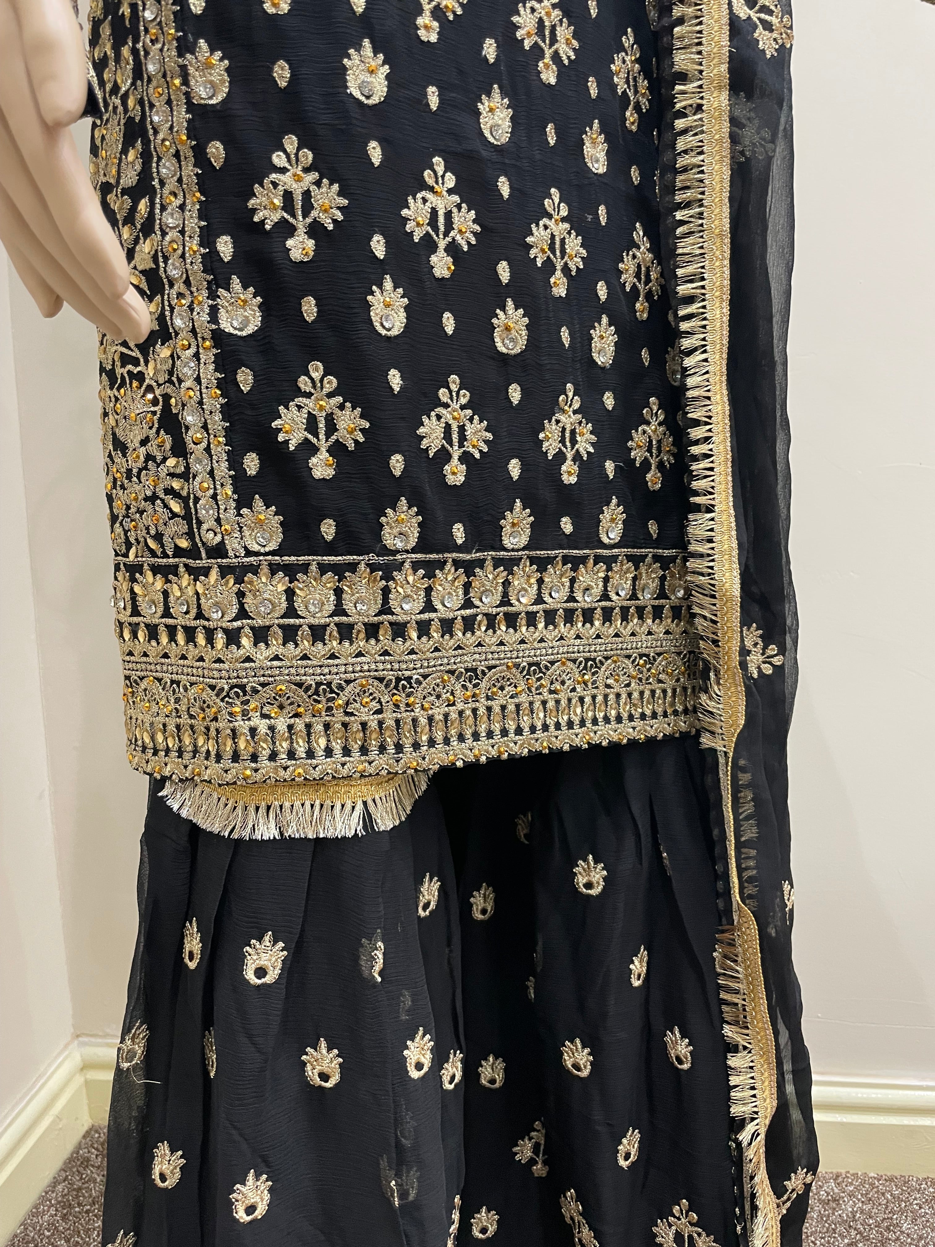 Black Chiffon Sharara - Gold Embroidery