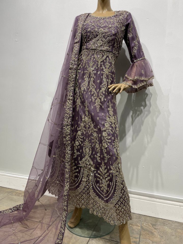 Jannah - Lavender Heavy Embroidered Net Party Gown with Bell Sleeves/White Gold Embroidered - 3pcs