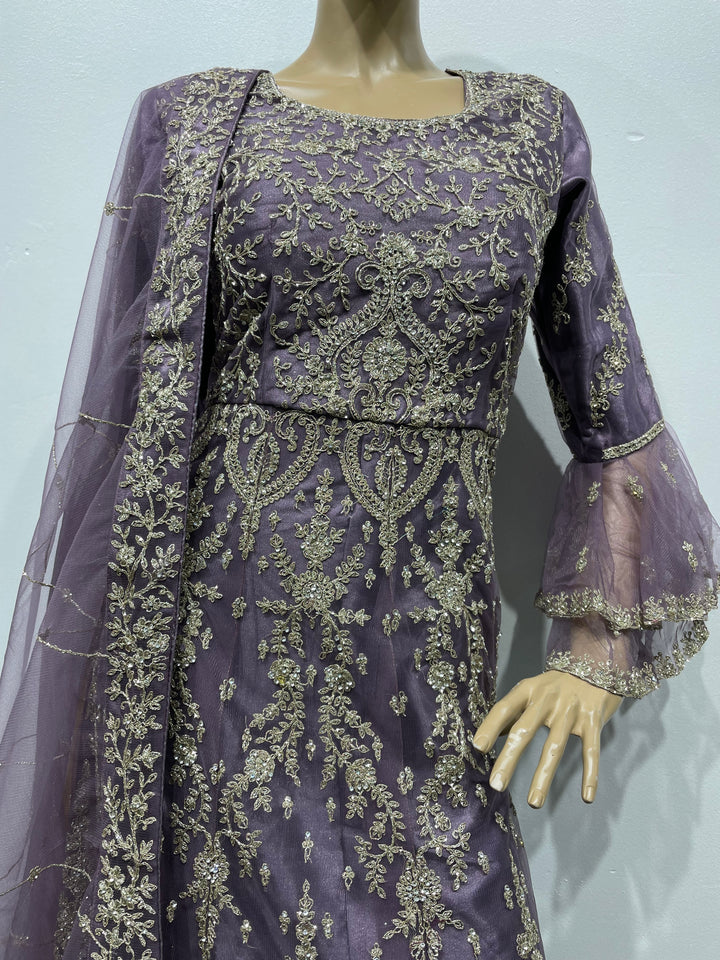 Jannah - Lavender Heavy Embroidered Net Party Gown with Bell Sleeves/White Gold Embroidered - 3pcs