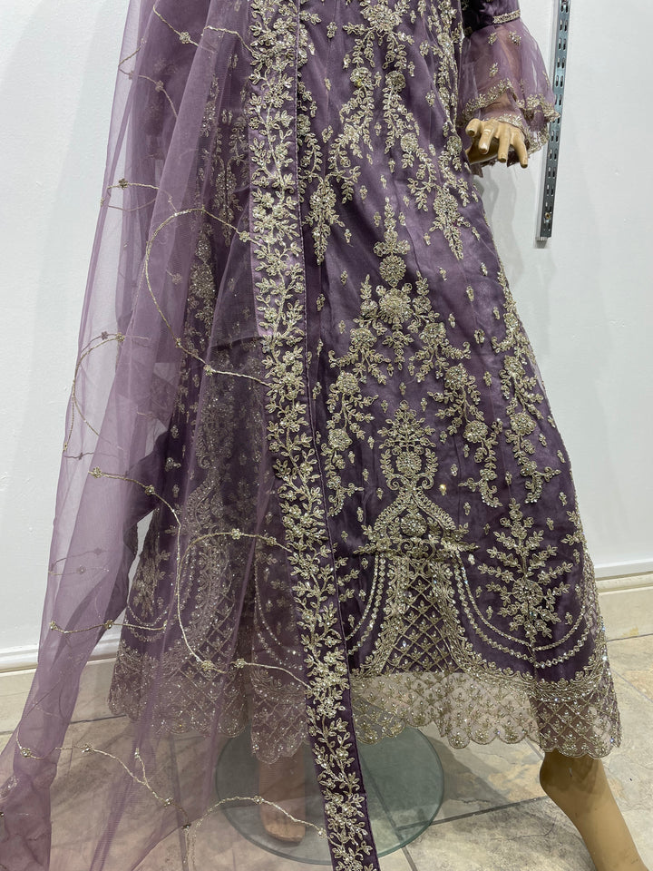 Jannah - Lavender Heavy Embroidered Net Party Gown with Bell Sleeves/White Gold Embroidered - 3pcs
